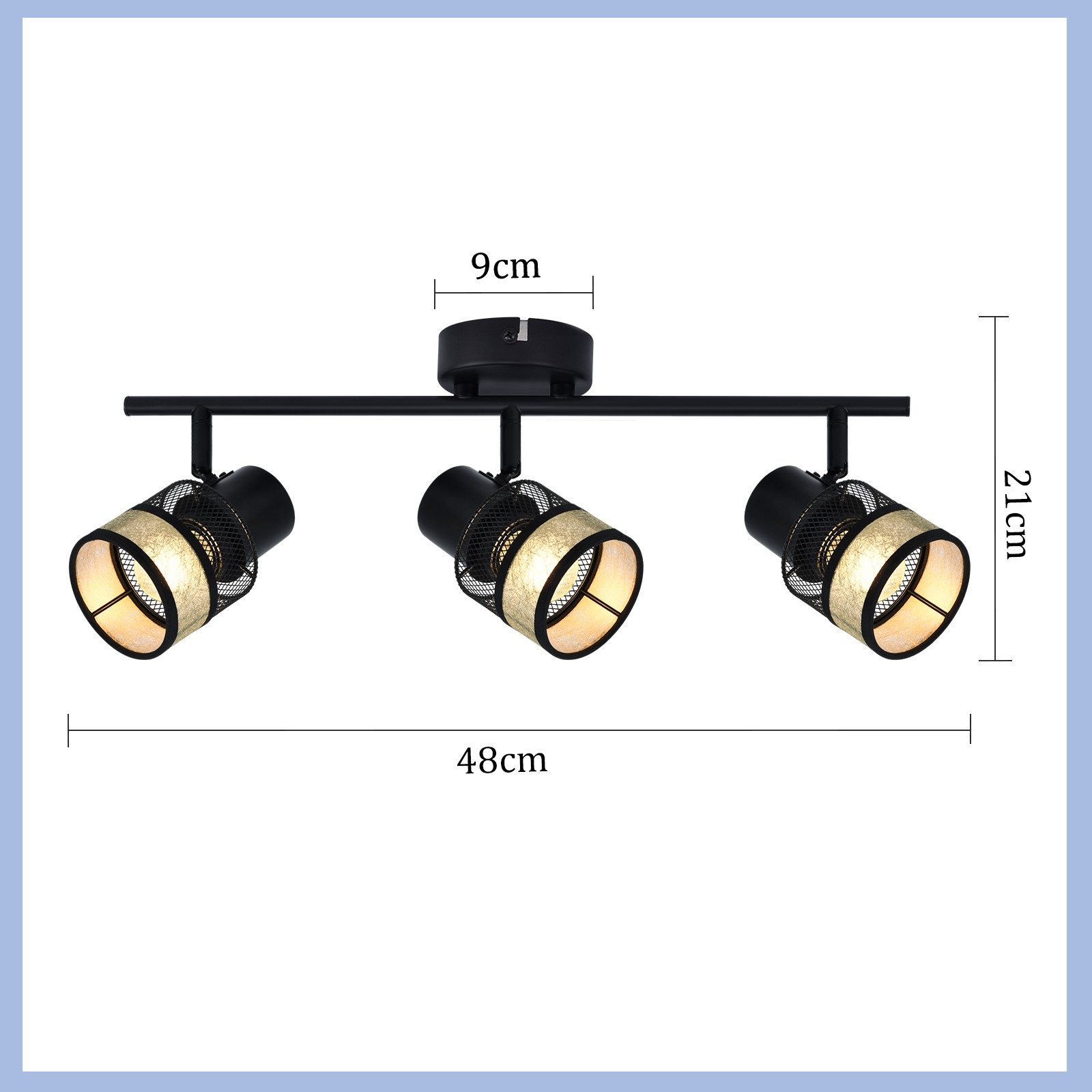 Czarna lampa sufitowa z trzema regulowanymi lampami. Wymiary widoczne. Lampy mają złote i siatkowe klosze.