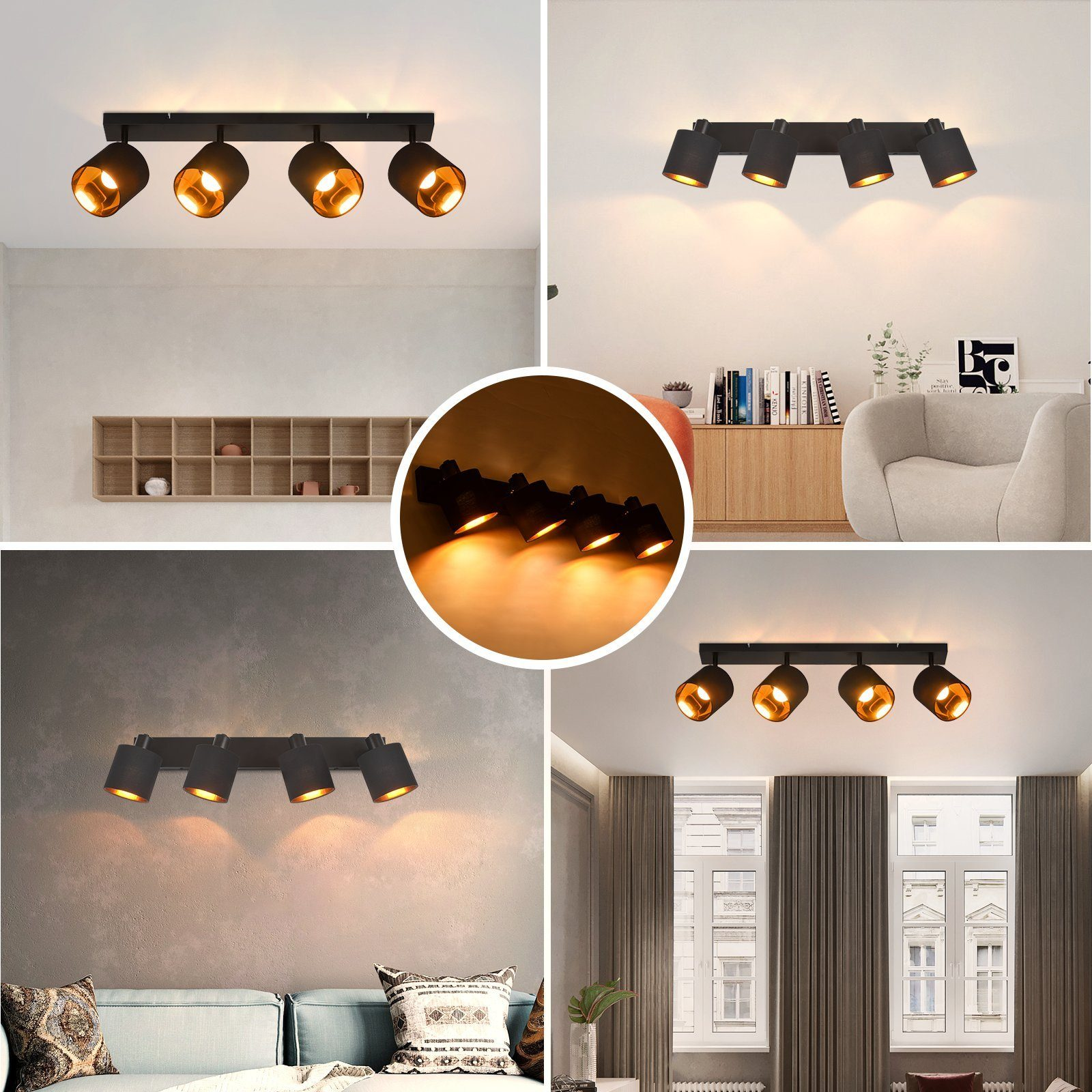 Collage di immagini che mostrano faretti neri sui soffitti, con illuminazione calda.