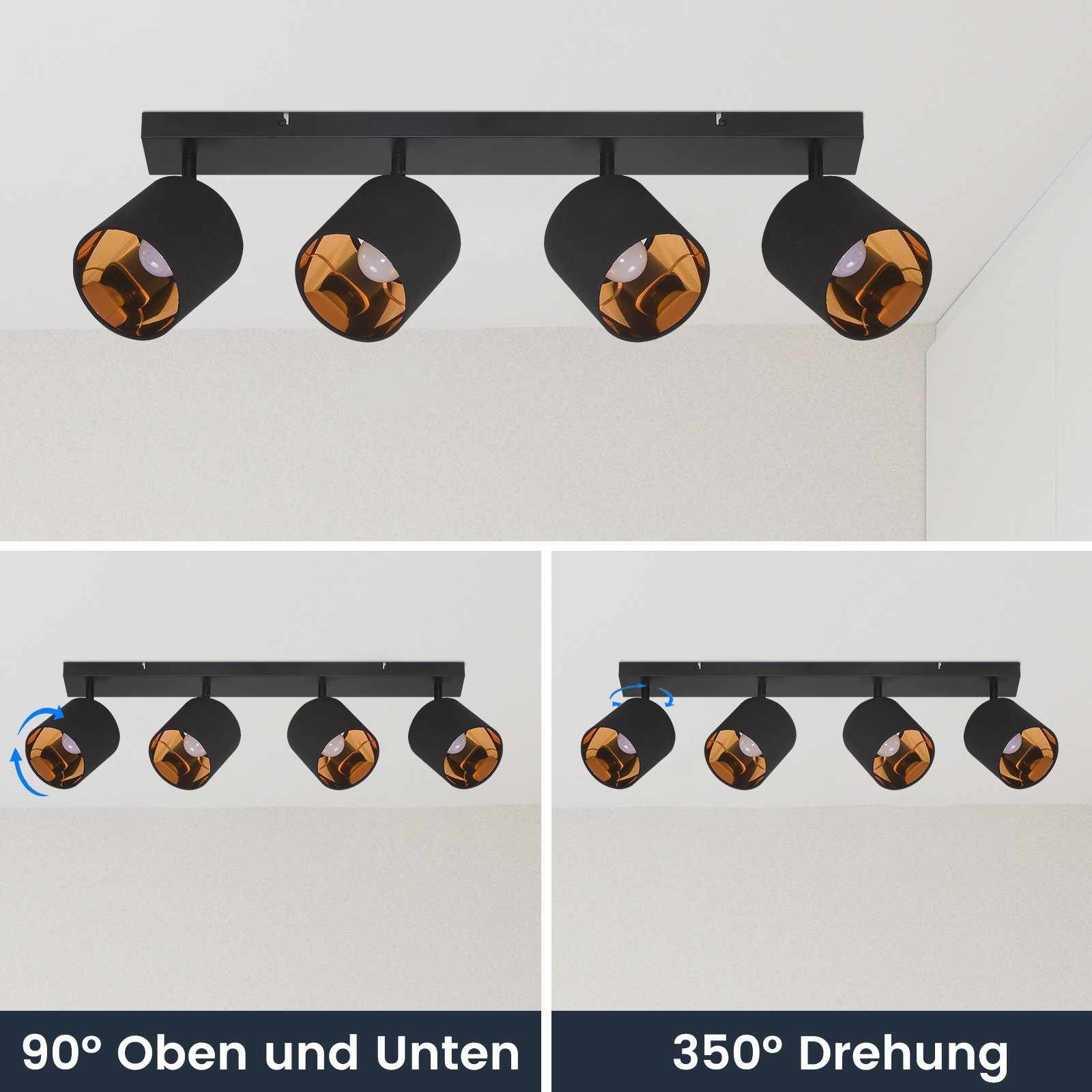 Lampada da soffitto nera con teste regolabili. Gli apparecchi hanno interni color oro.