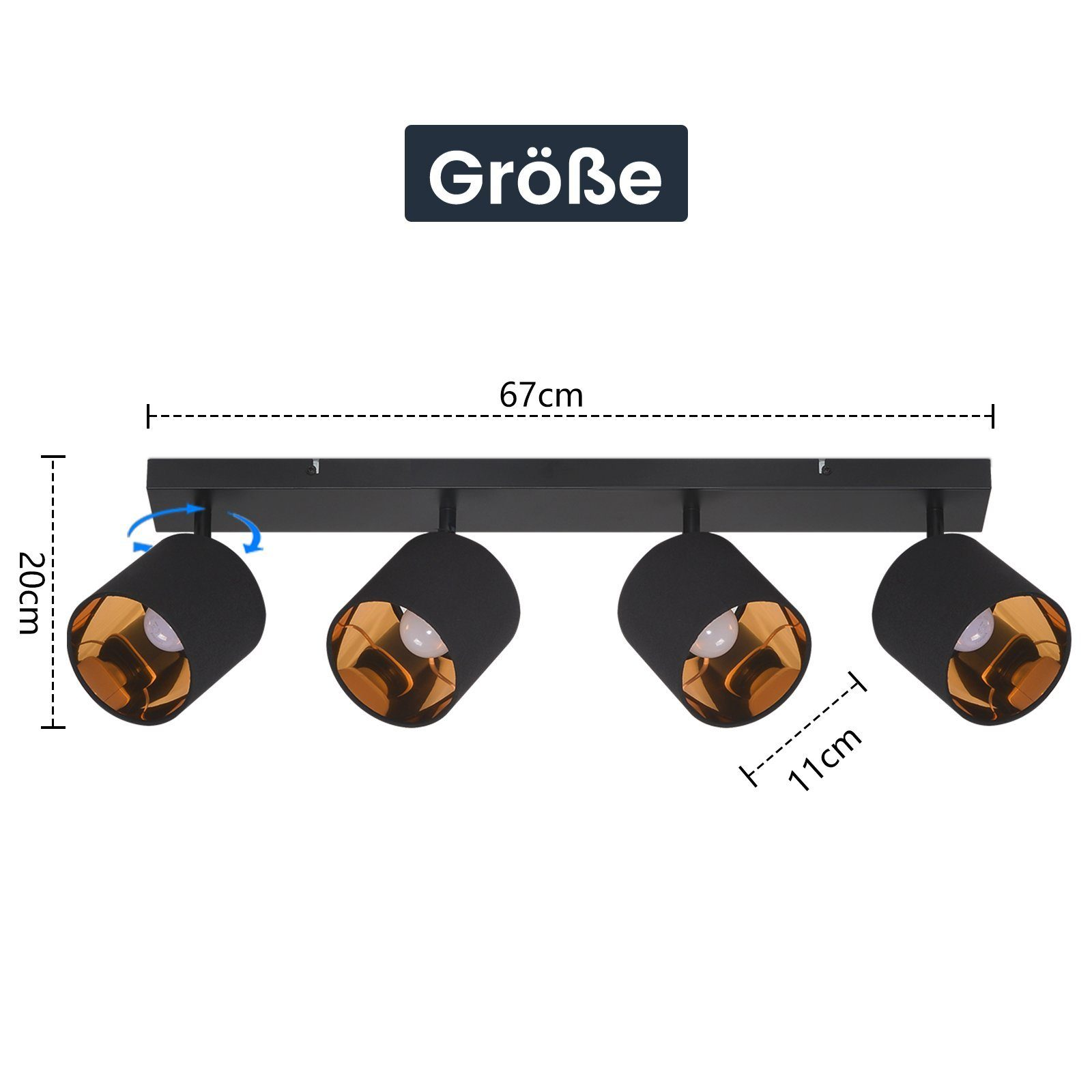Eine schwarze Strahlerleuchte mit vier verstellbaren Lichtern mit Größenangabe.