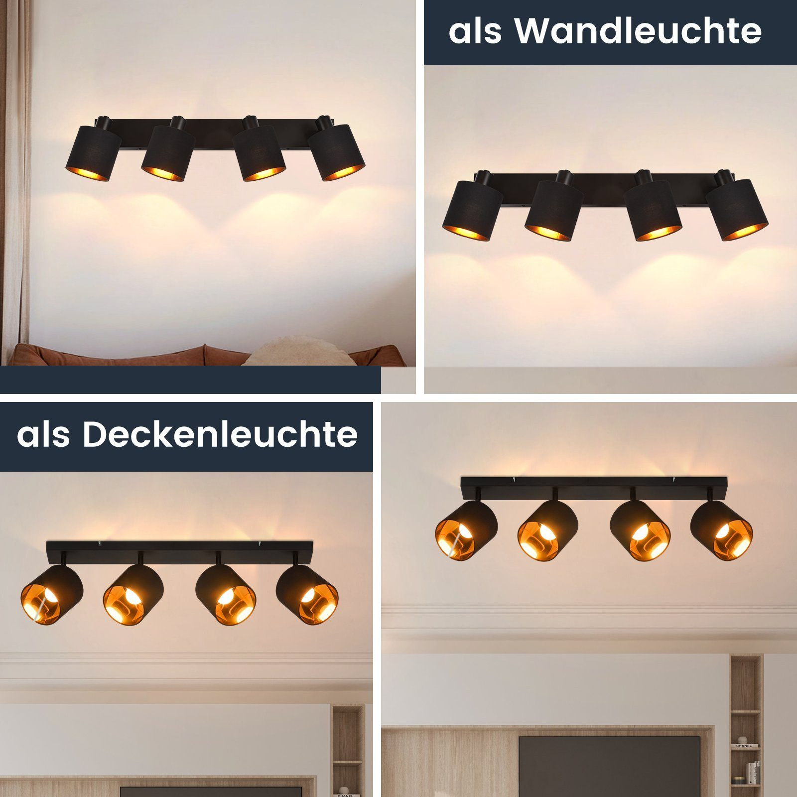 Quattro immagini di faretti neri sul soffitto e sulla parete. Testo: als Wandleuchte, als Deckenleuchte.