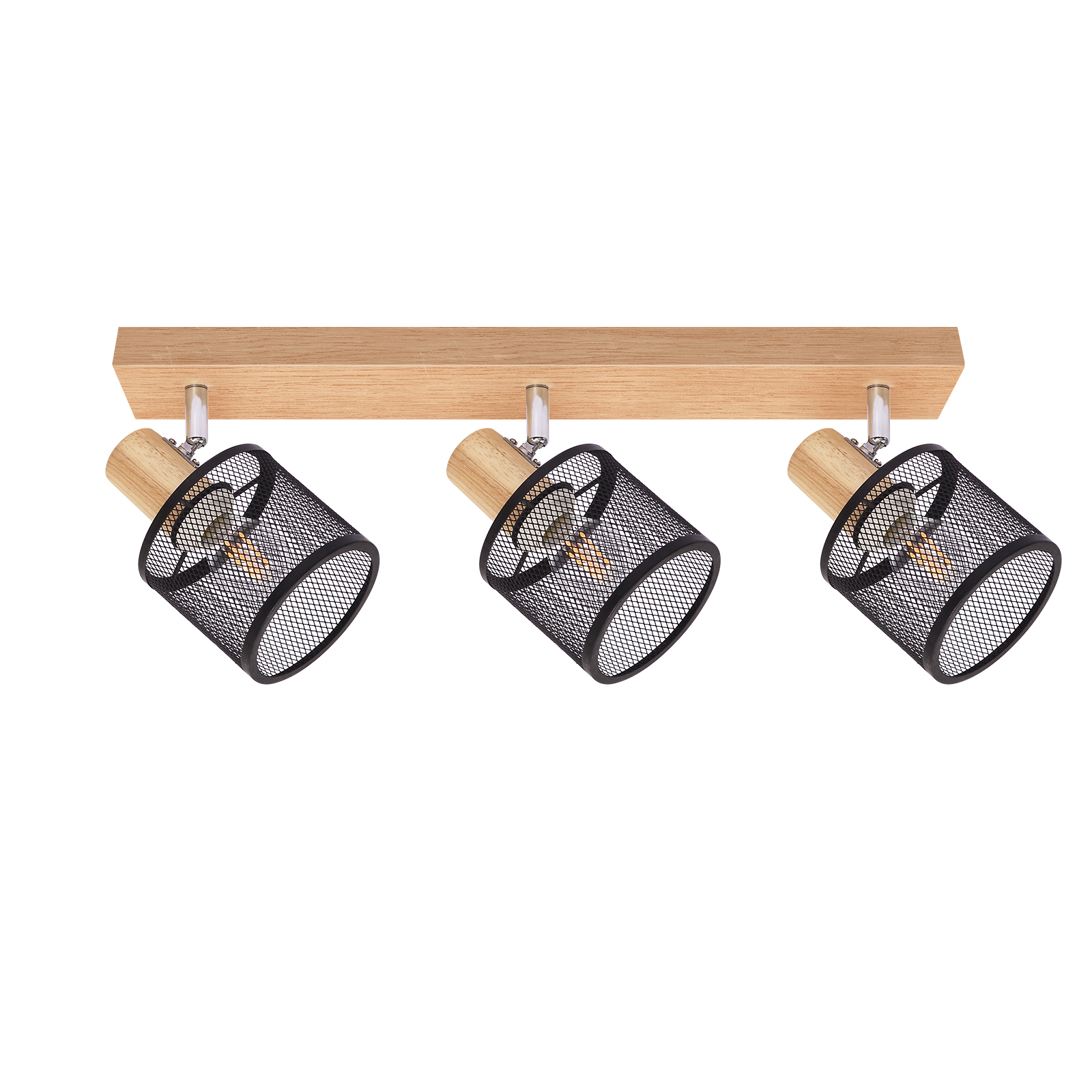 Drewniana belka z trzema czarnymi reflektorami z siatkowymi kloszami, na białym tle.