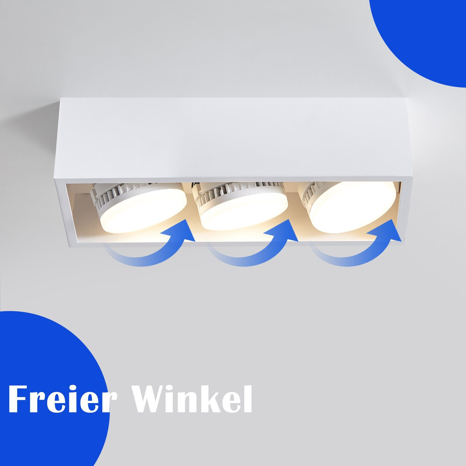 Białe, wpuszczane oświetlenie sufitowe z trzema źródłami światła i strzałkami wskazującymi kąt.