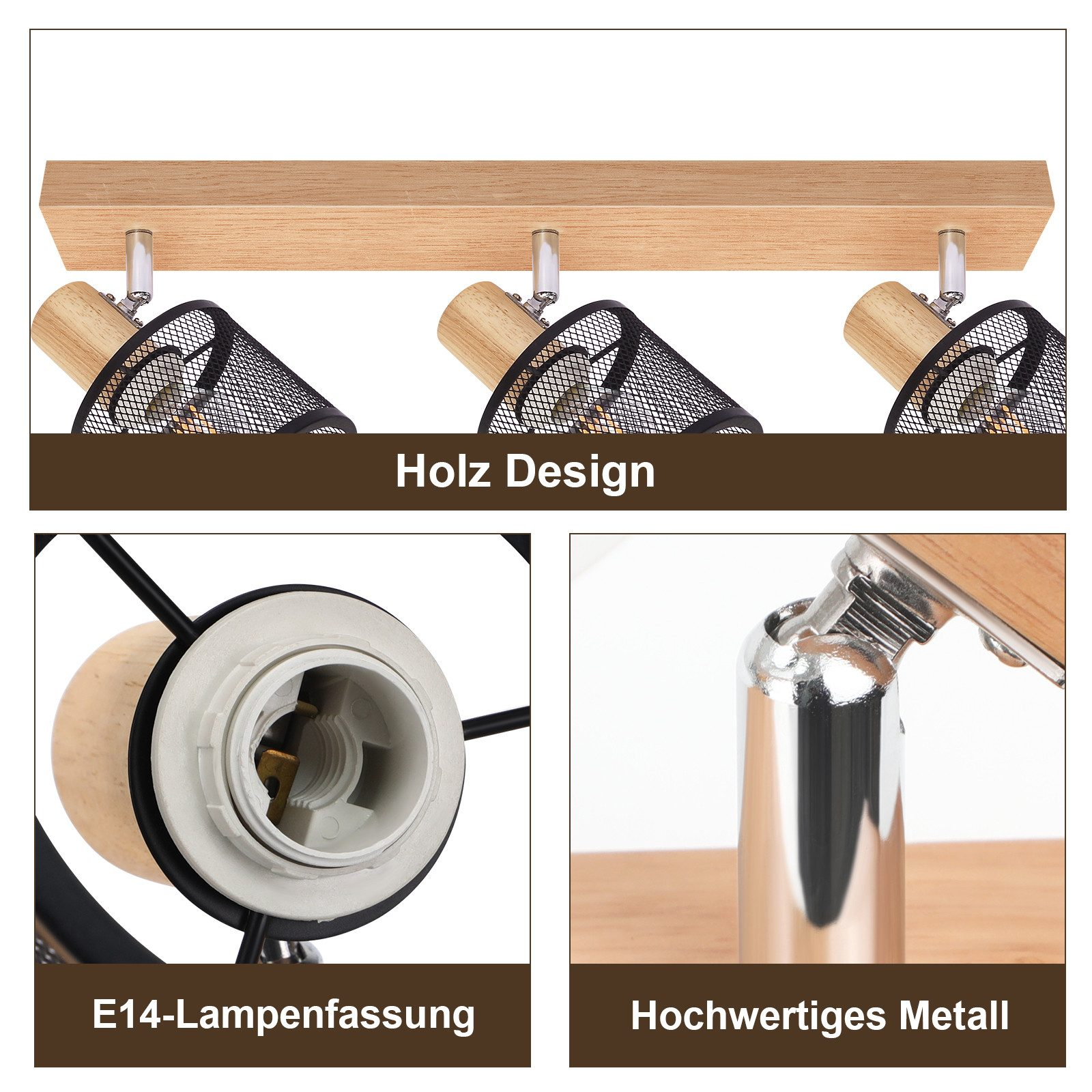 Szczegółowy widok trzech reflektorów, ze szczególnym uwzględnieniem siatki, drewna i metalu.