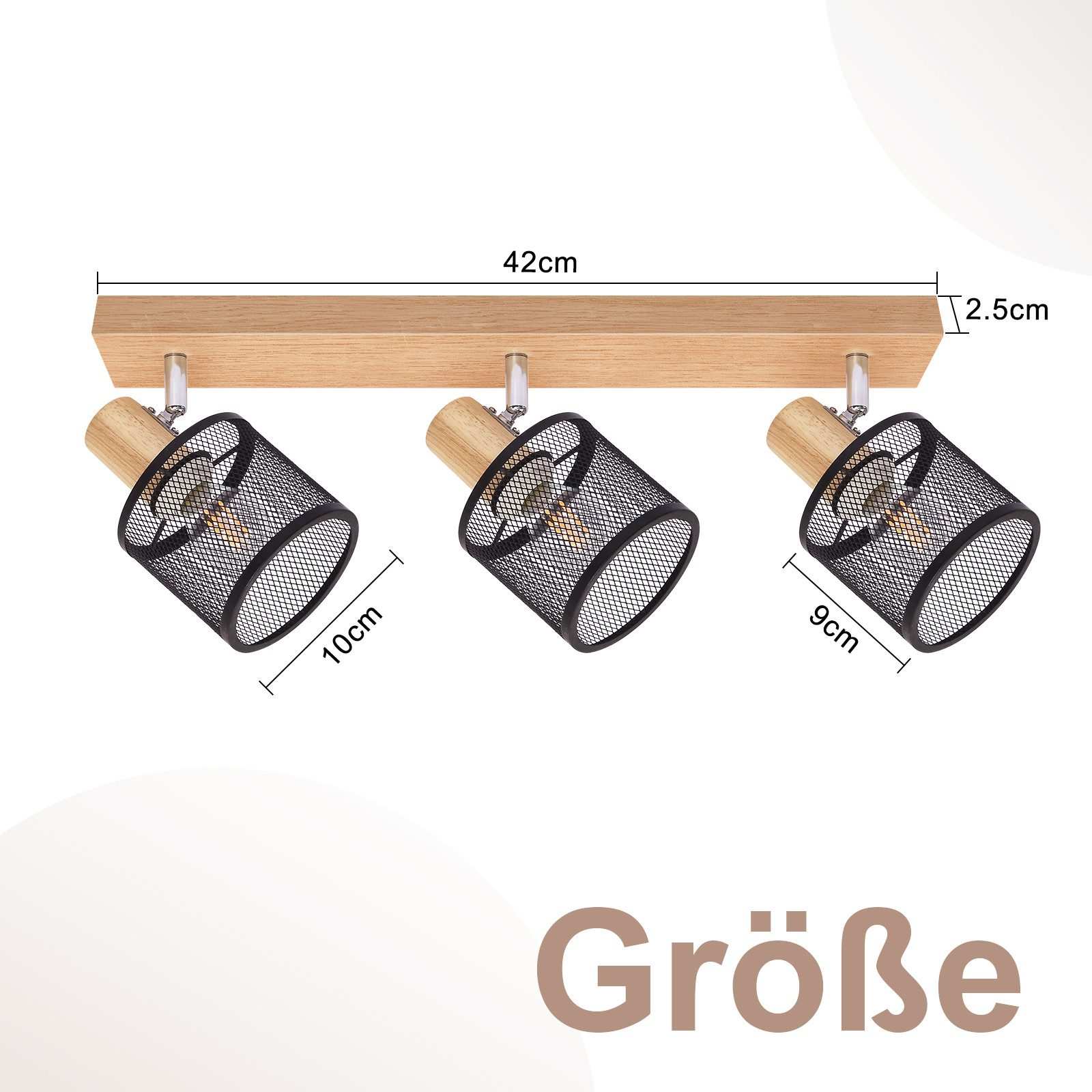 Drewniana belka z trzema czarnymi reflektorami z wymiarami i słowem 'Größe'.