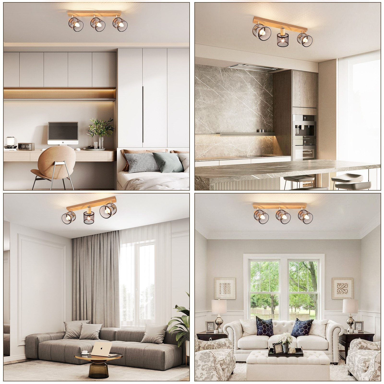 Cztery zdjęcia lamp sufitowych w różnych pomieszczeniach. Każda ma drewnianą belkę z kulistymi światłami.