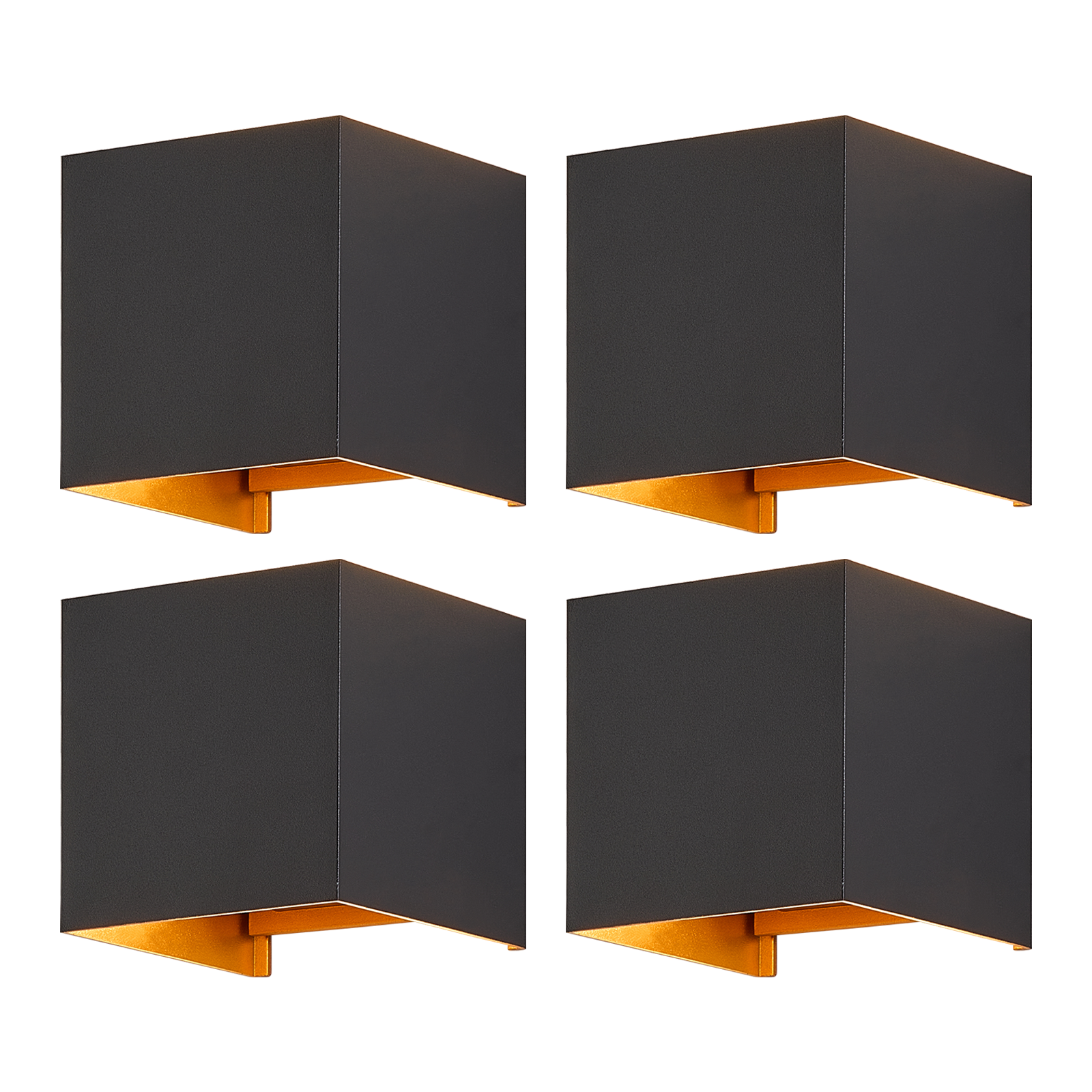 Cztery czarne lampy w kształcie kostki ze złotym wnętrzem, na białym tle.