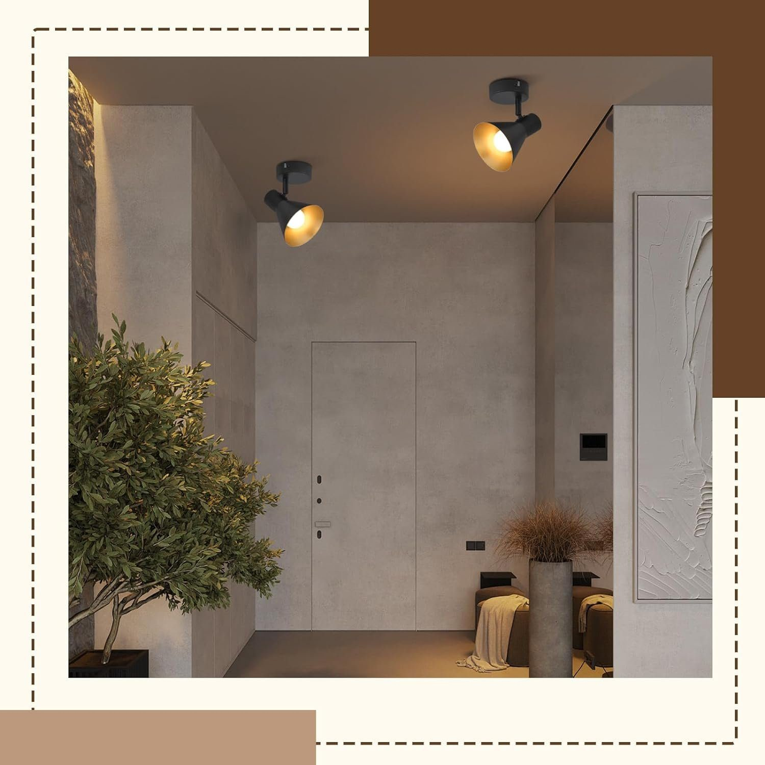 Nowoczesne wnętrze z dwoma czarnymi reflektorami na suficie. Zawiera roślinę i dzieła sztuki.