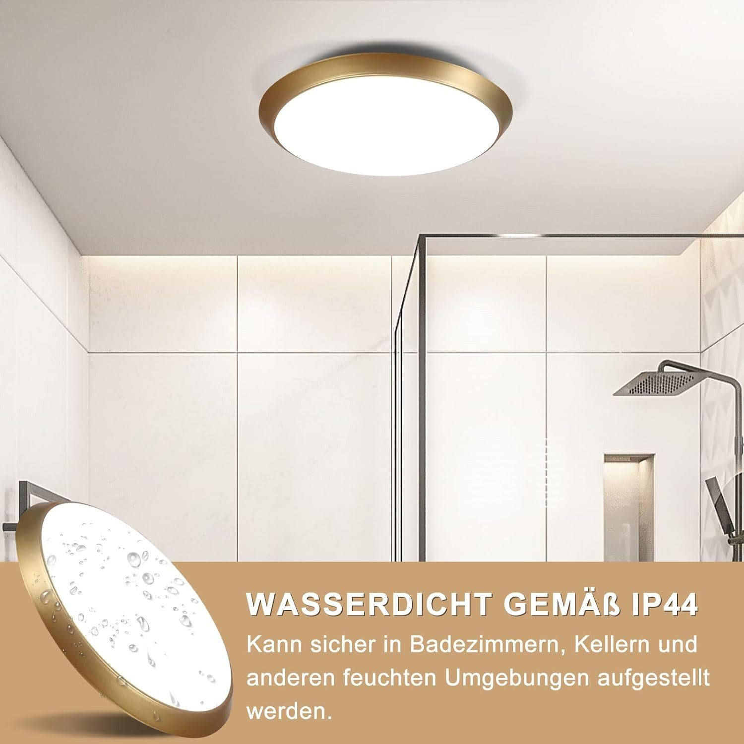 Biała lampa sufitowa ze złotym pierścieniem. Jest wodoodporna i nadaje się do łazienek i wilgotnych środowisk.