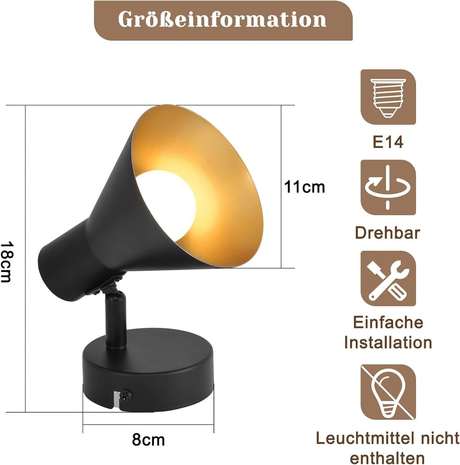 Czarny reflektor ze złotym wnętrzem. Wymiary: 18 cm wysokości, 8 cm podstawy.