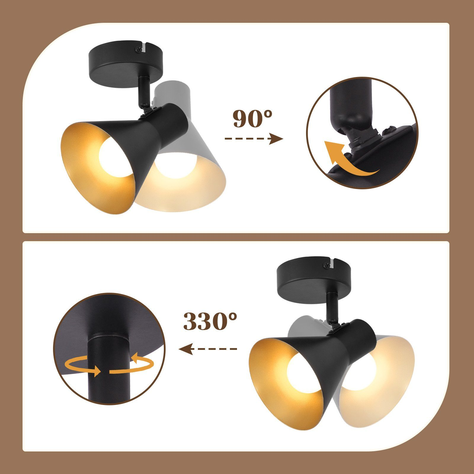 Dwa widoki czarno-złotego reflektora. Obraca się o 90 i 330 stopni.