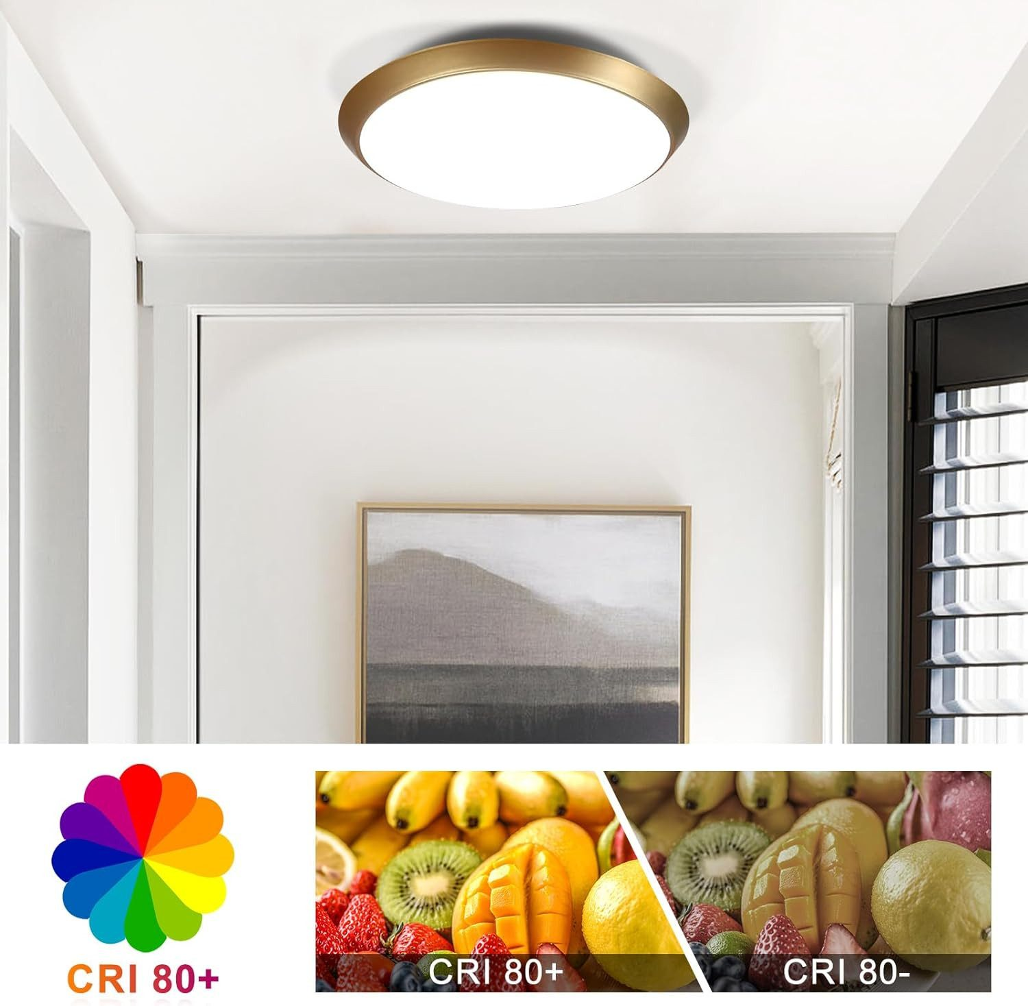 Okrągła lampa sufitowa ze złotą obwódką, ze zdjęciem owoców i skalą kolorów.