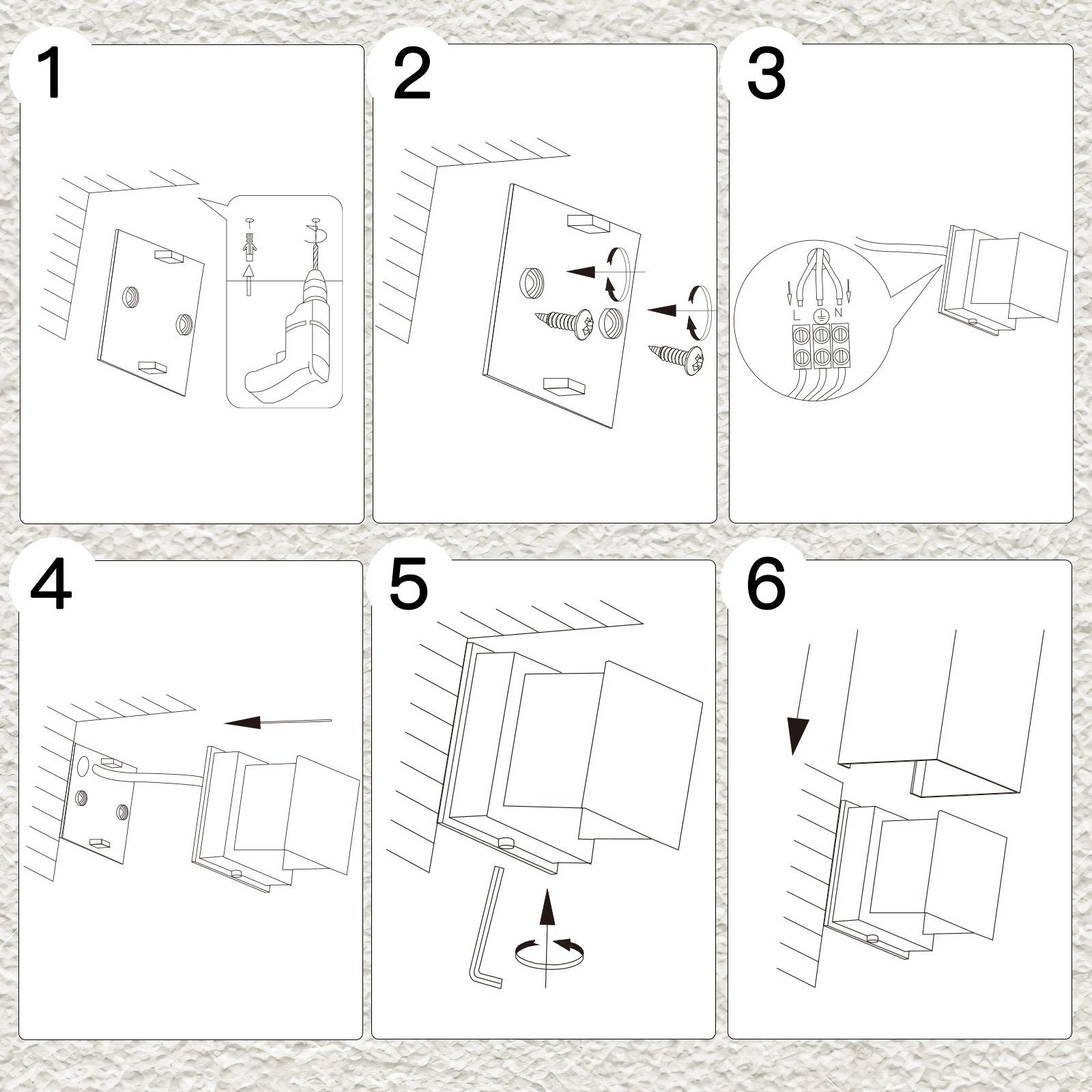 Sześć kolejnych kroków pokazujących, jak zamontować kinkiet na ścianie.