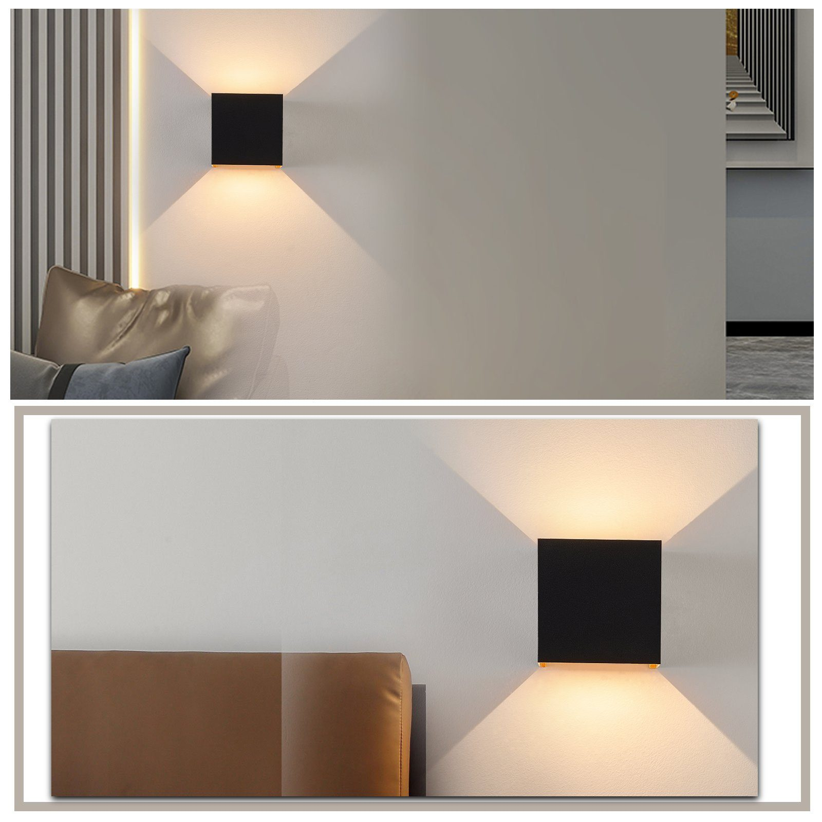 Dwie czarne kwadratowe lampy naścienne. Rzucają światło w górę i w dół na białą ścianę.