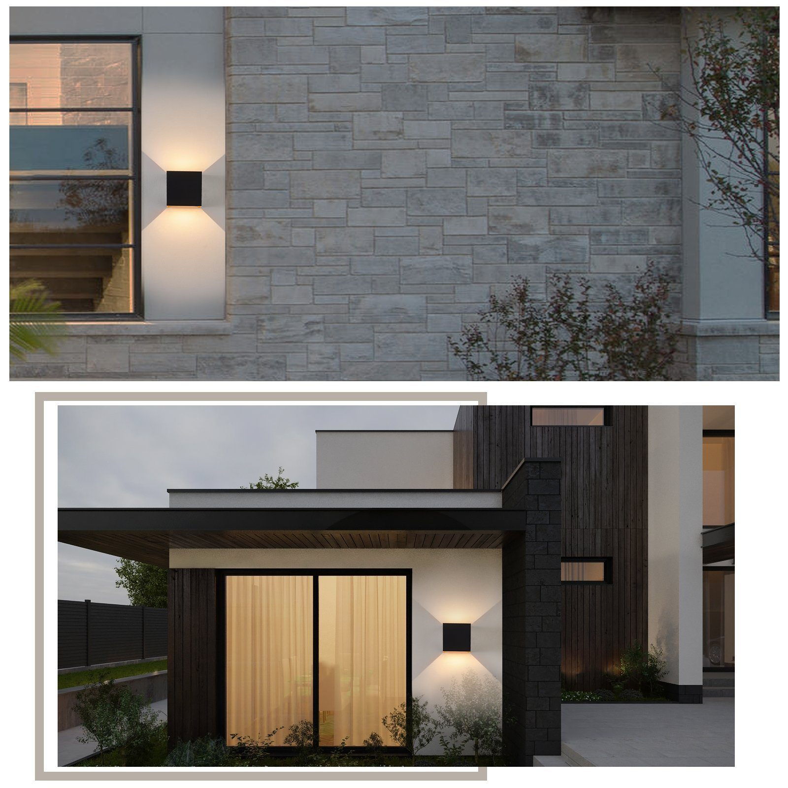 Nowoczesny wygląd budynku z dwoma lampami ściennymi. Tekstury kamienia i drewna. Widoki dzienne i nocne.