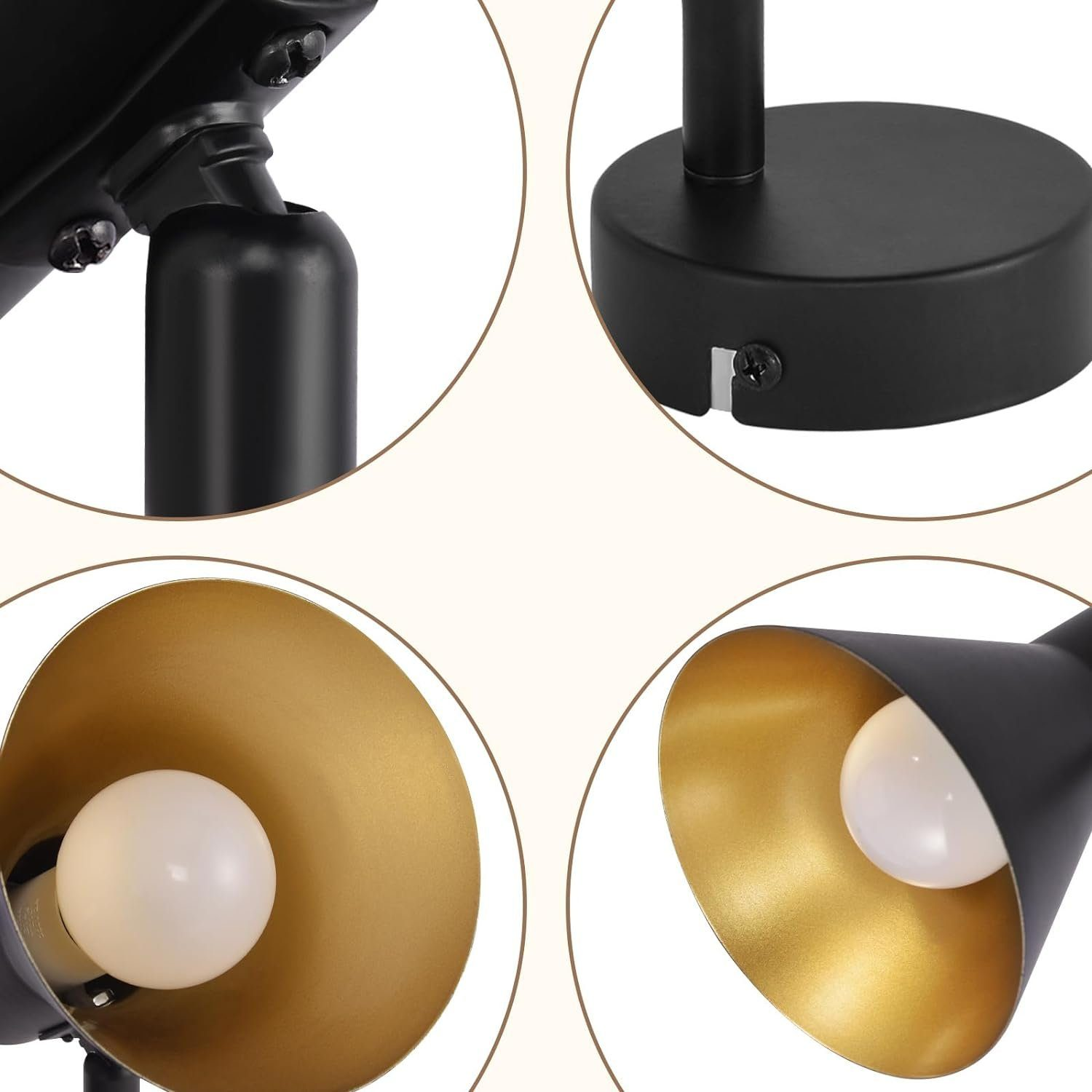 Zbliżenie części lampy: czarna lampa ze złotym wnętrzem, pokazująca żarówkę i podstawę.