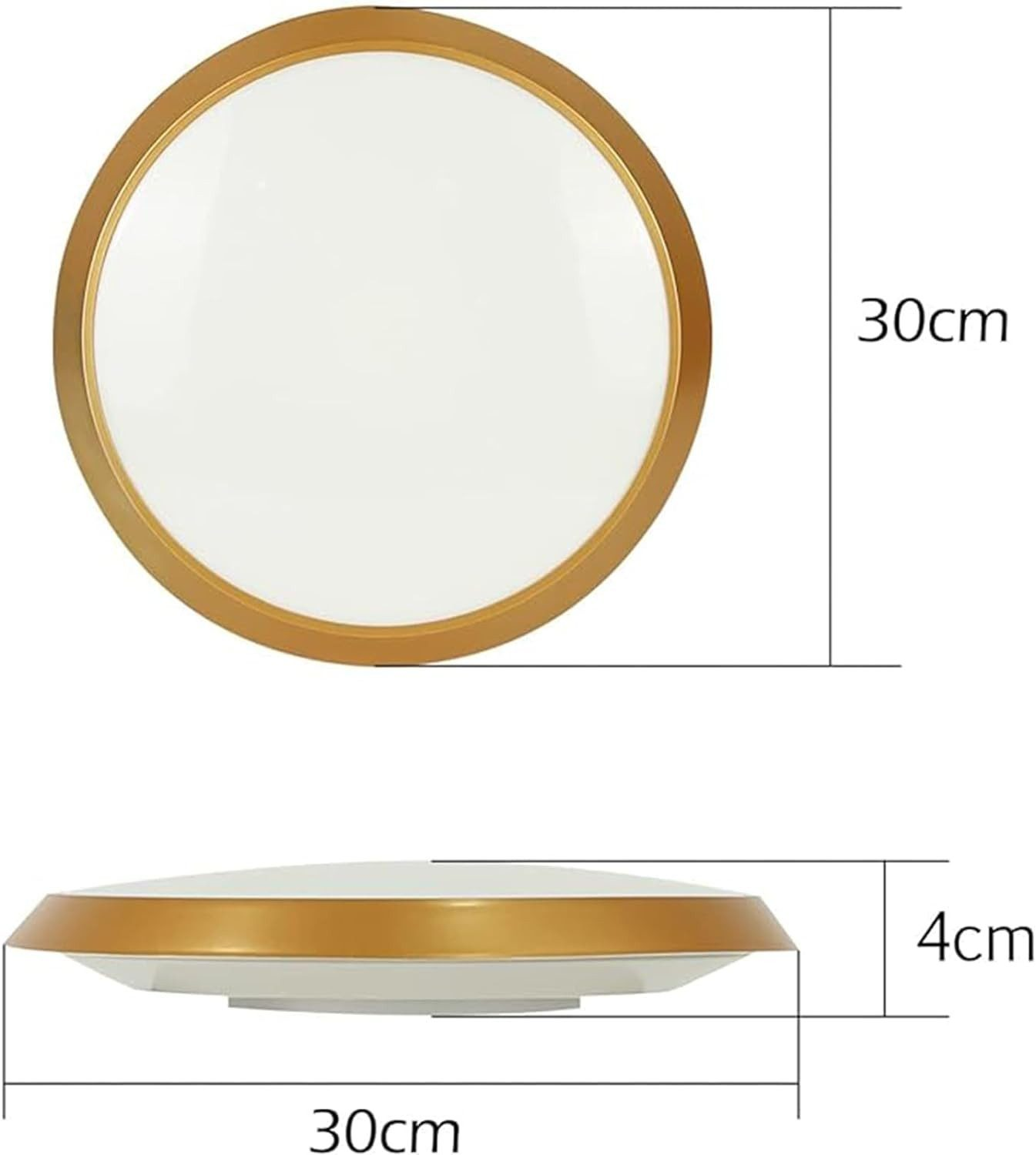 Okrągła, złota oprawa oświetleniowa sufitowa z wymiarami 30 cm i 4 cm.