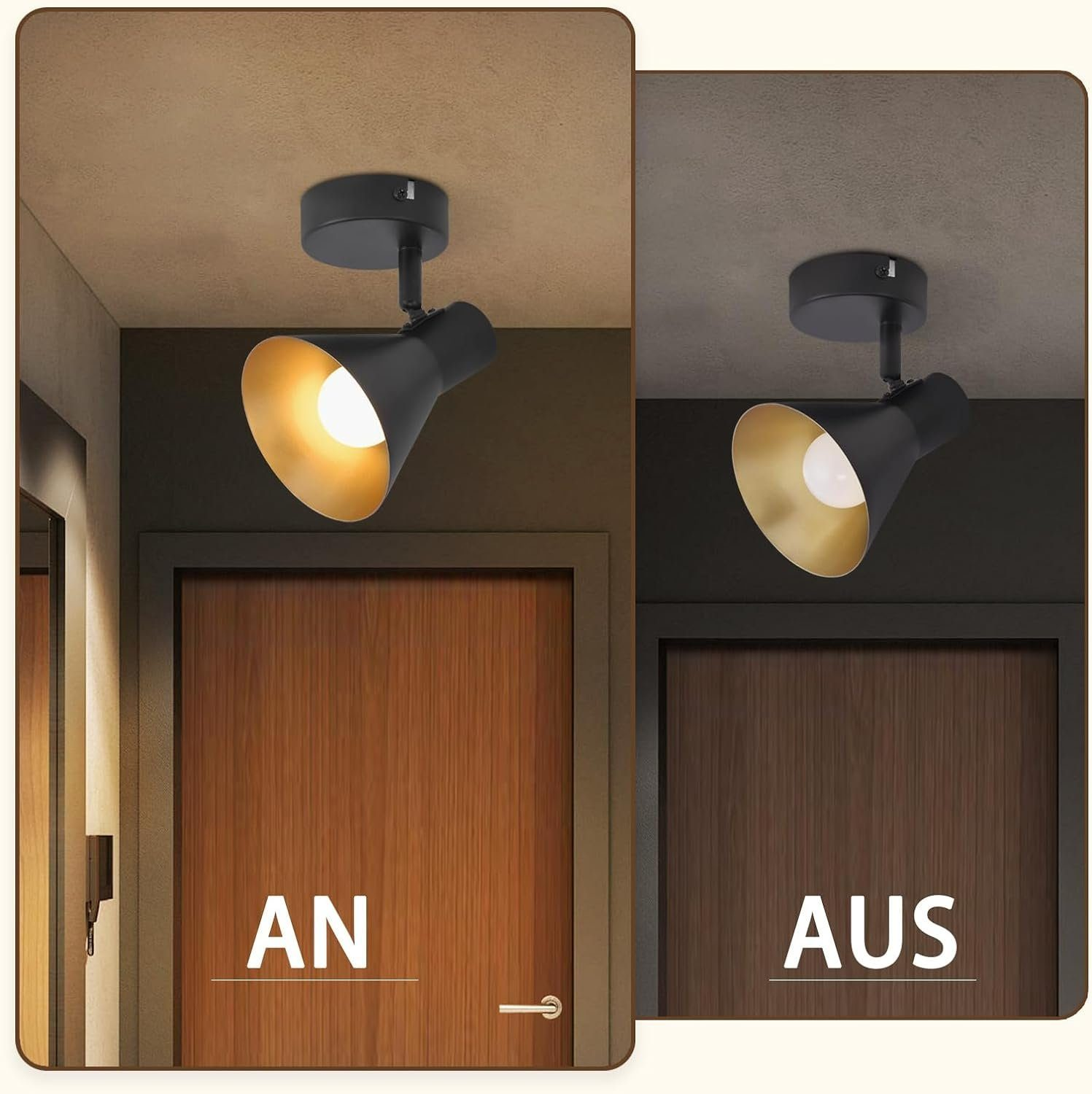 Dwa obrazy pokazujące czarny reflektor włączony i wyłączony, zamontowany na suficie, w korytarzu.
