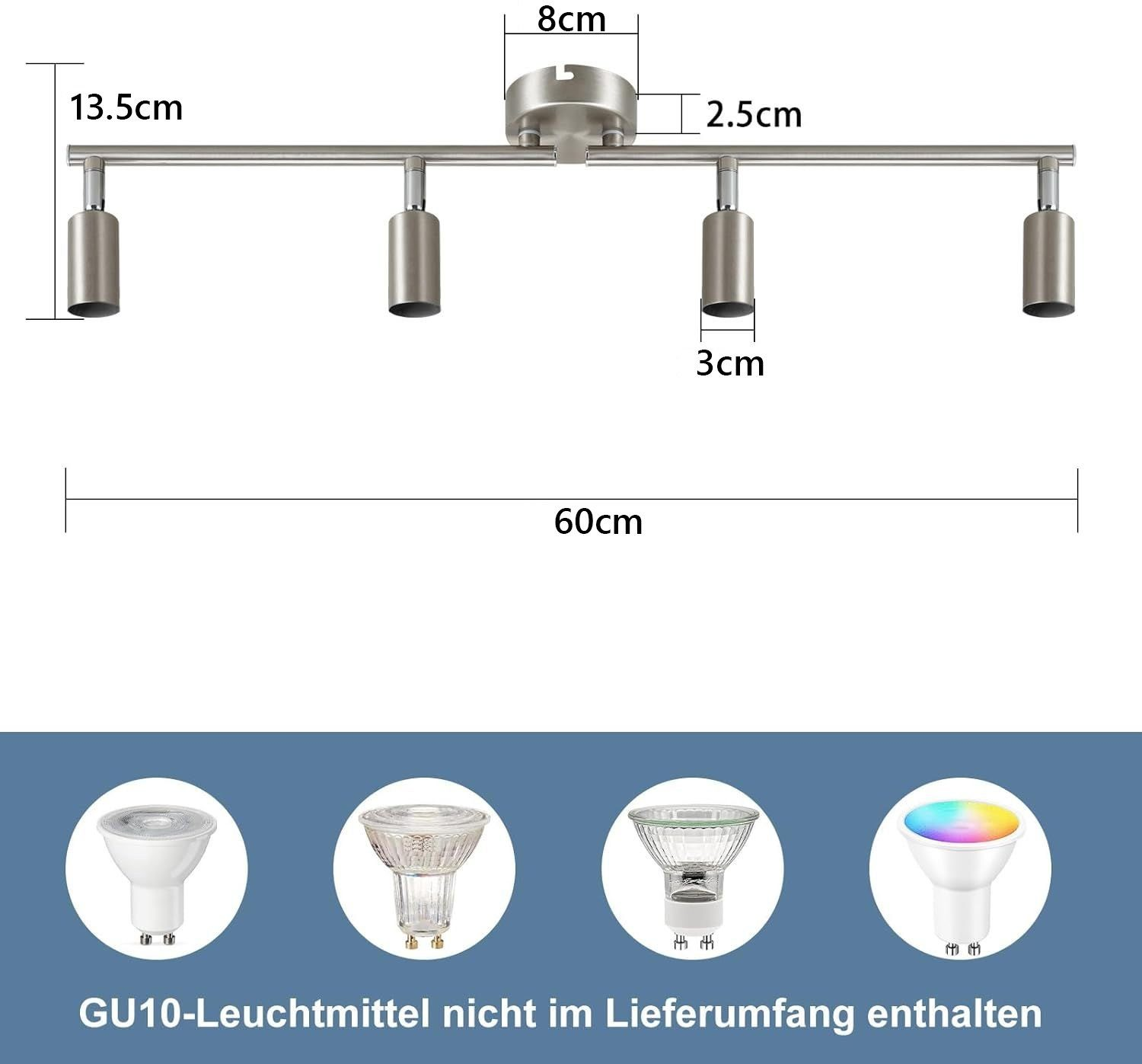 Liniowa lampa sufitowa z czterema reflektorami. Wymiary: 60cm długości, 13,5cm wysokości.