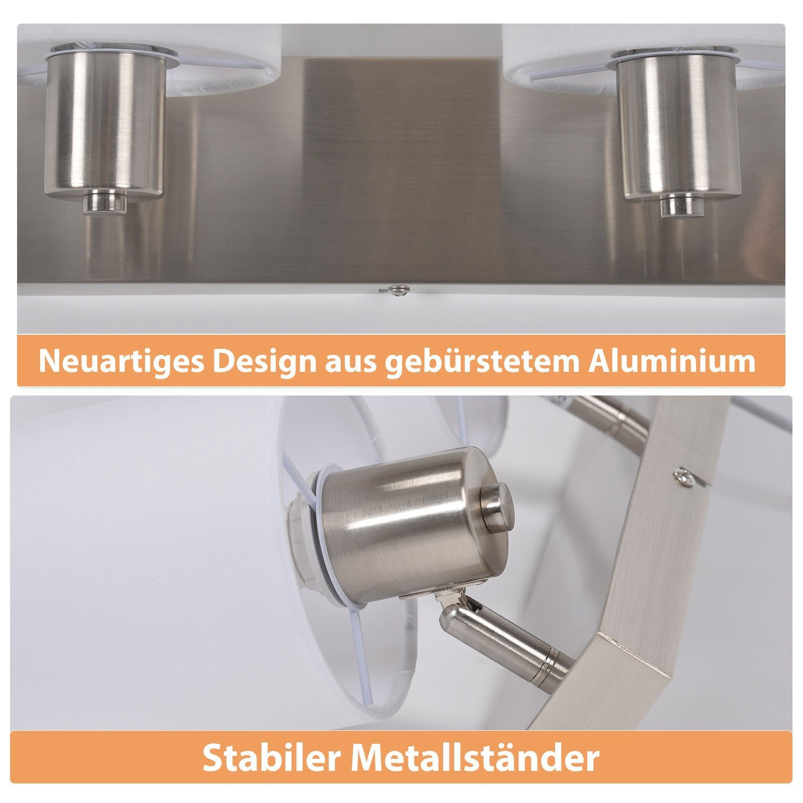 Zbliżenie nowoczesnego projektu lampy, ze szczotkowanego aluminium i białymi abażurami.