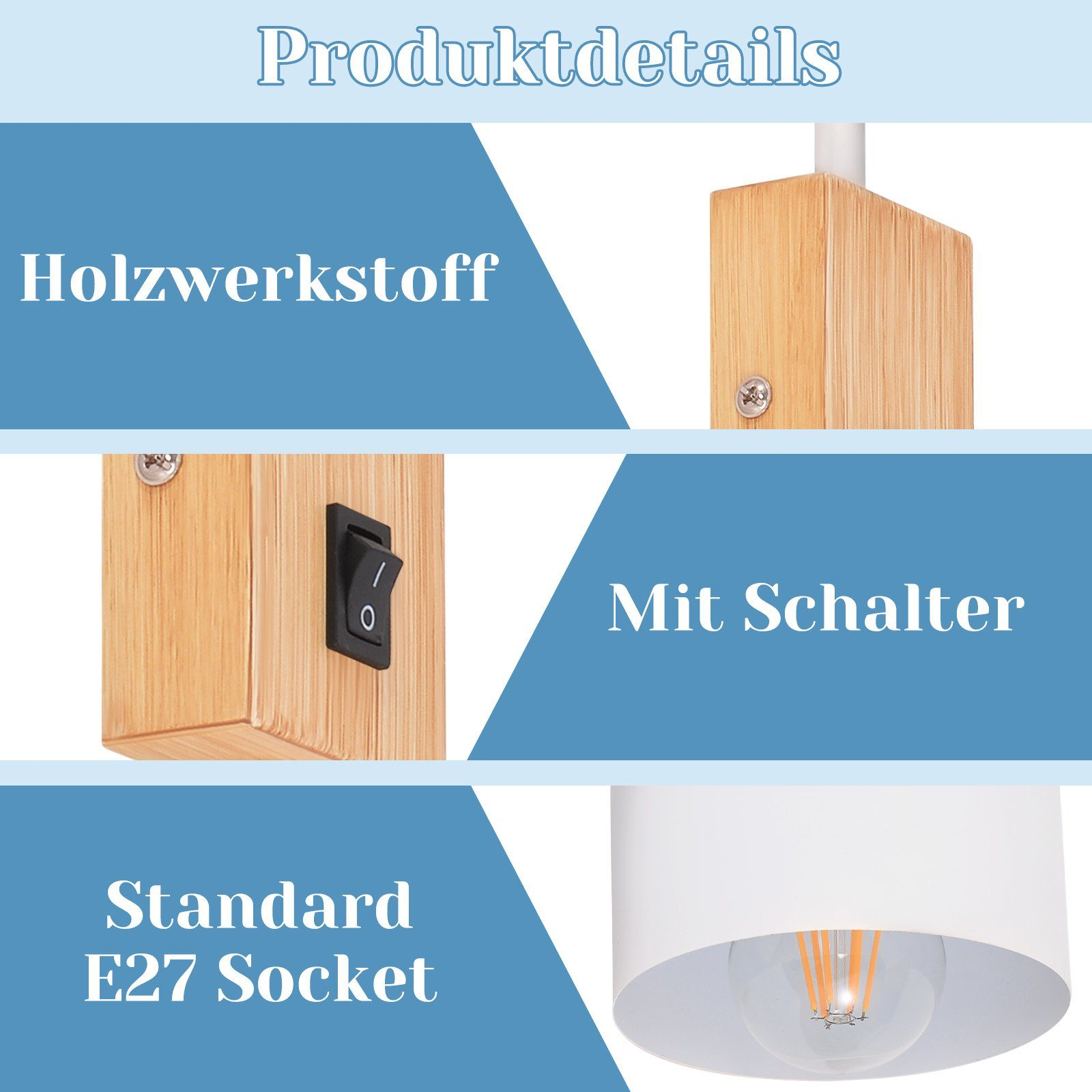 Zbliżenia detali drewnianej oprawy oświetleniowej z przełącznikiem, drewnianą częścią i gniazdem E27.