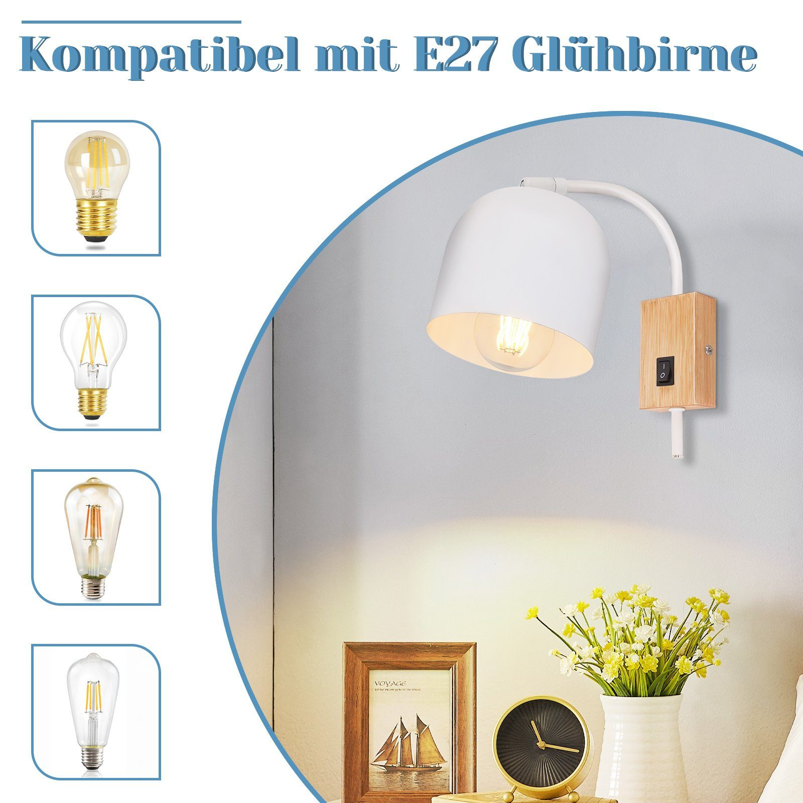 Biała lampka nocna z drewnianym włącznikiem i żarówkami po lewej stronie.