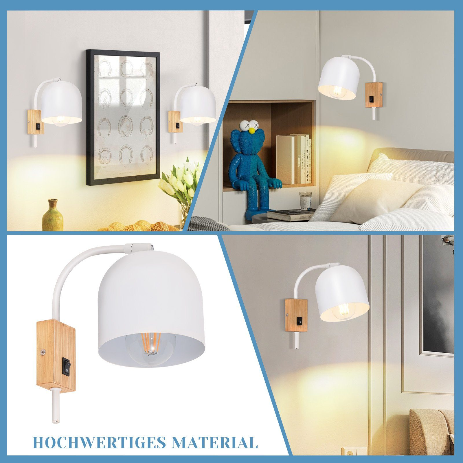 Wiele obrazów białych lamp ściennych z drewnianą podstawą, oświetlających pomieszczenie.