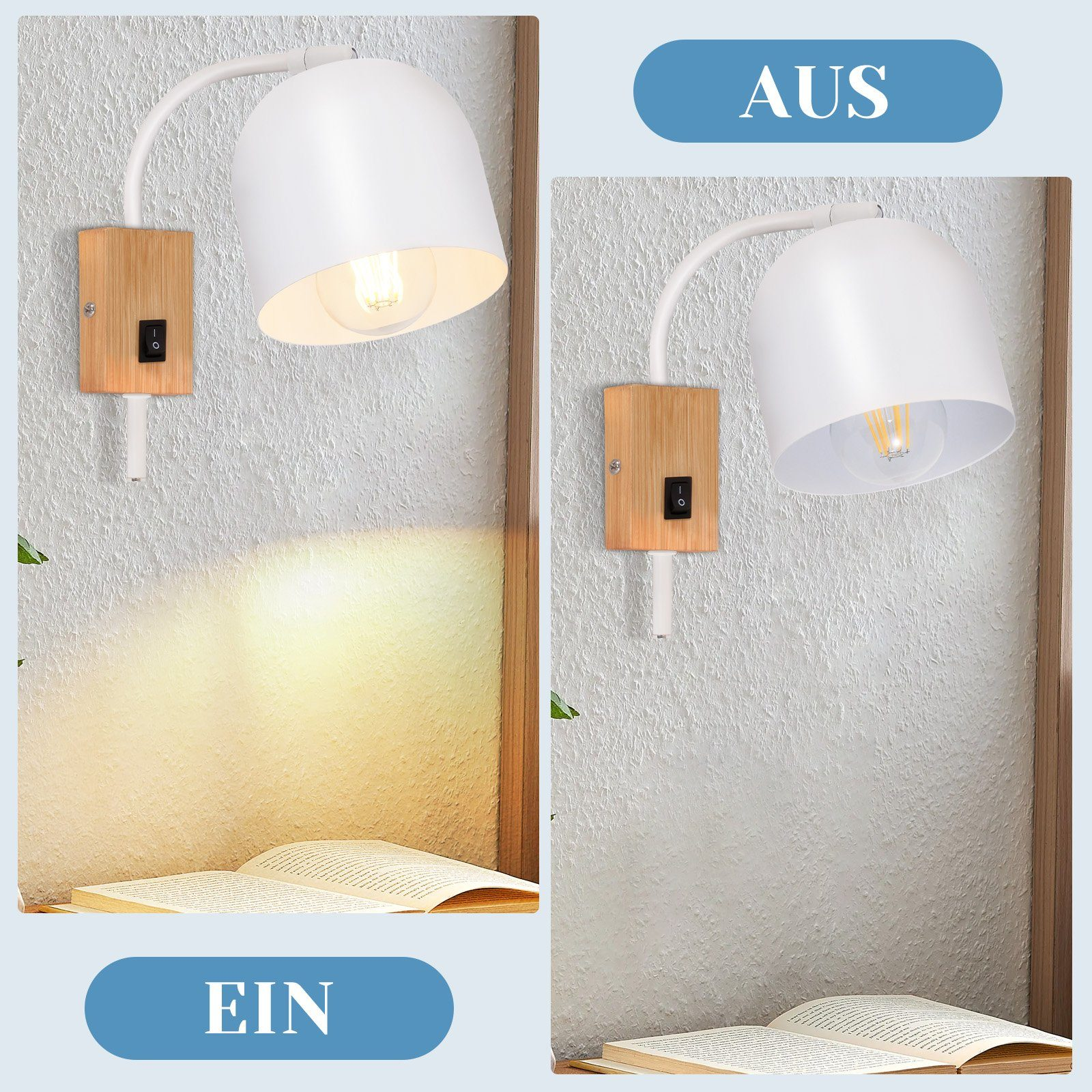 Dwa obrazy białej lampki nocnej z drewnianą podstawą, pokazujące włączenie i wyłączenie.