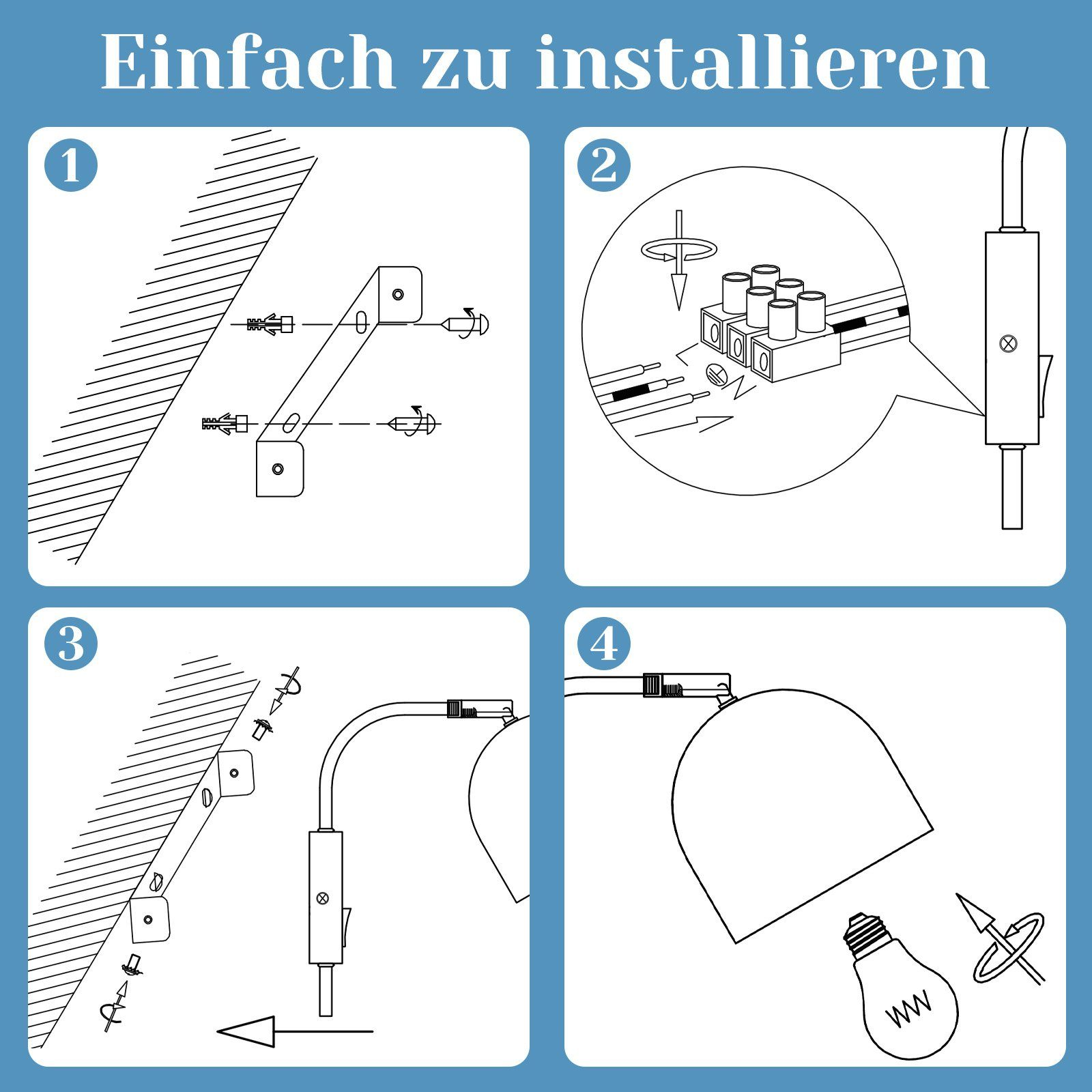 Schemat kroków instalacji lampy. Obejmuje wspornik, okablowanie i montaż żarówki. Tekst: Łatwy w instalacji.