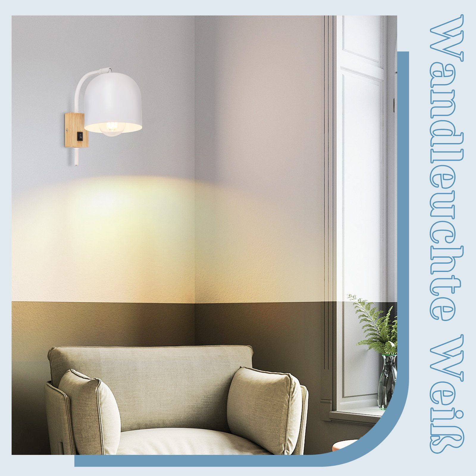 Biała lampa ścienna z drewnianą podstawą. Ściana to mieszanka kolorów szarego i białego.