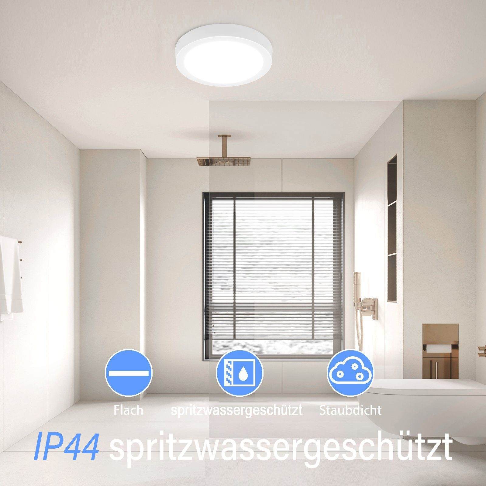 Biała lampa sufitowa z klasą IP44 w nowoczesnej łazience.