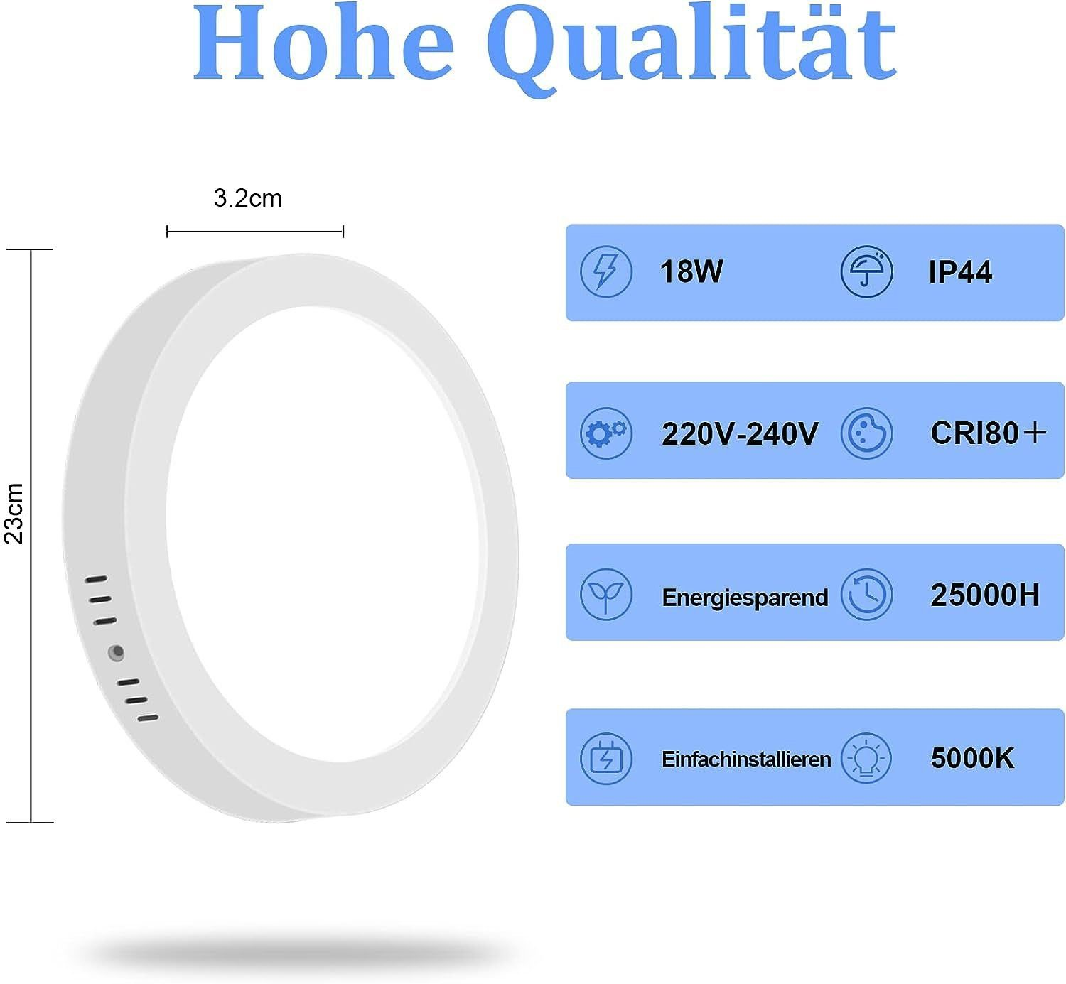 Biała okrągła lampa sufitowa ze złotą obwódką. Etykiety informacyjne, w tym wymiary i cechy.