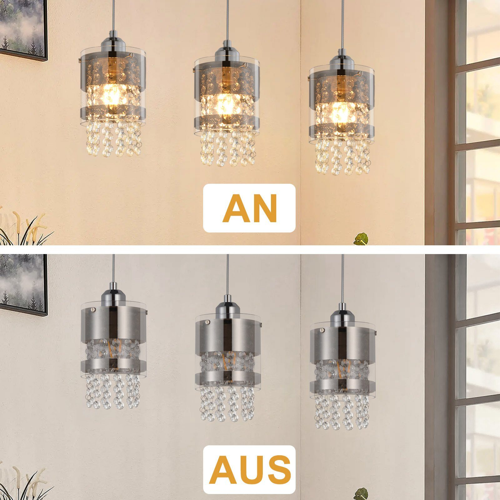 Dwa zdjęcia pokazujące lampy wiszące, włączone i wyłączone. Srebrne z kryształami.