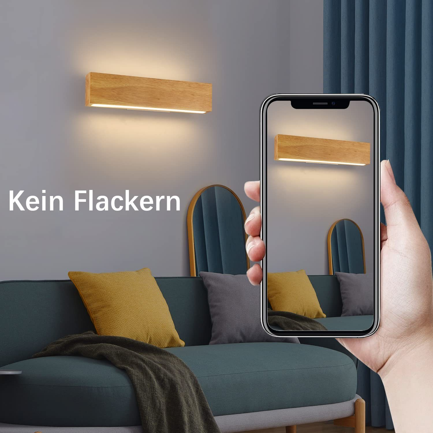 Ein Raum mit Holzrahmenleuchten, ein Telefon, das die Leuchten zeigt, ein Sofa und Kissen.