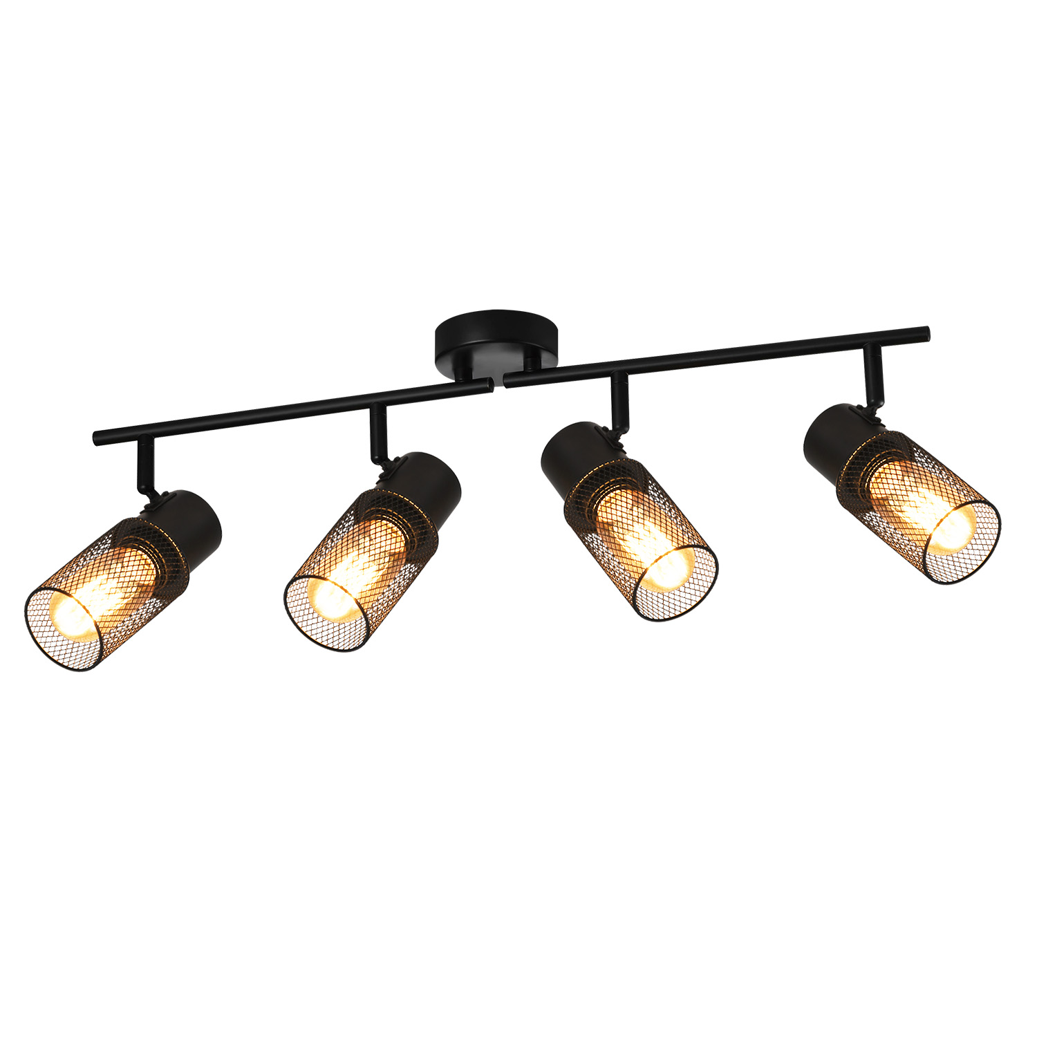 Czarna lampa szynowa z czterema regulowanymi reflektorami.