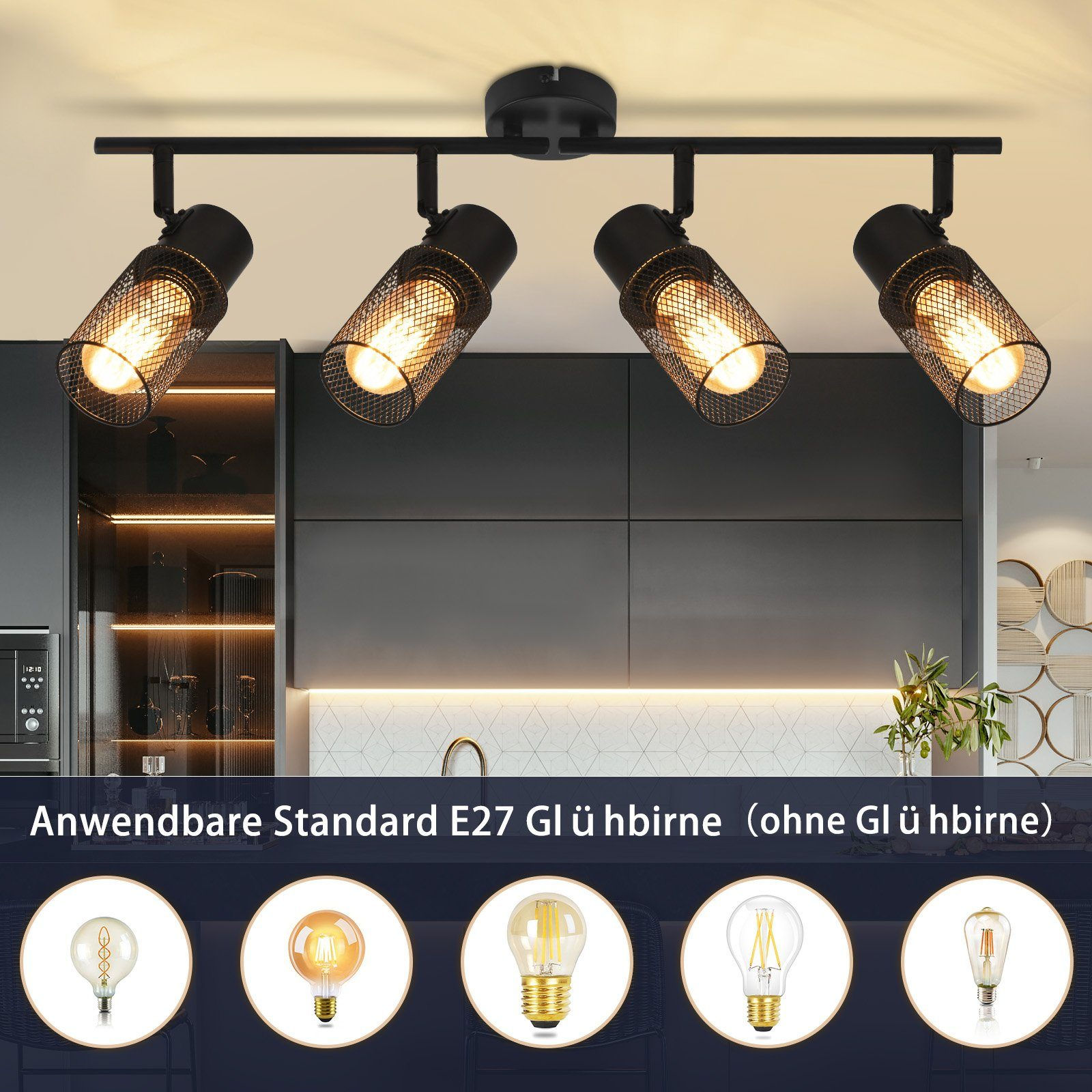 Czarne oświetlenie szynowe z czterema reflektorami, pokazujące różne rodzaje żarówek poniżej.