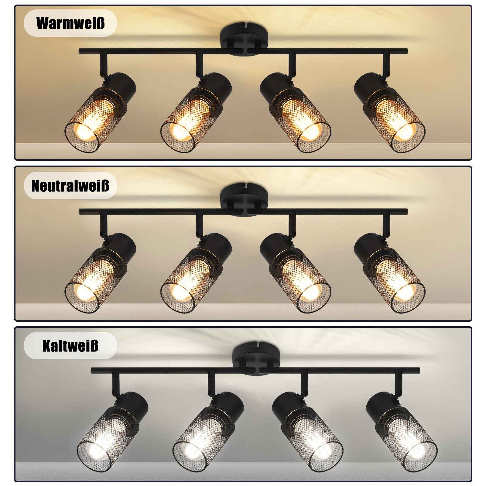 Trzy rzędy reflektorów pokazujących różne kolory światła: ciepła biel, neutralna biel i zimna biel.