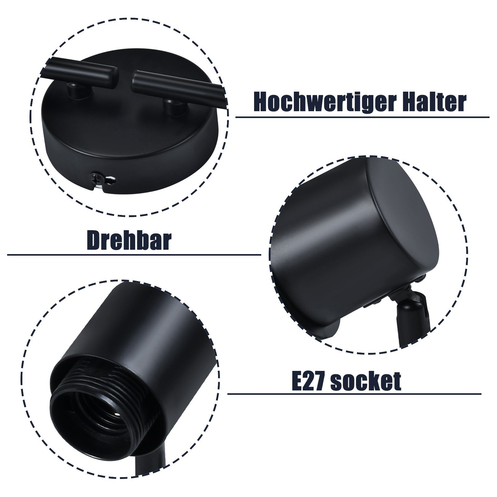 Czarne reflektory z etykietami tekstowymi dla funkcji.