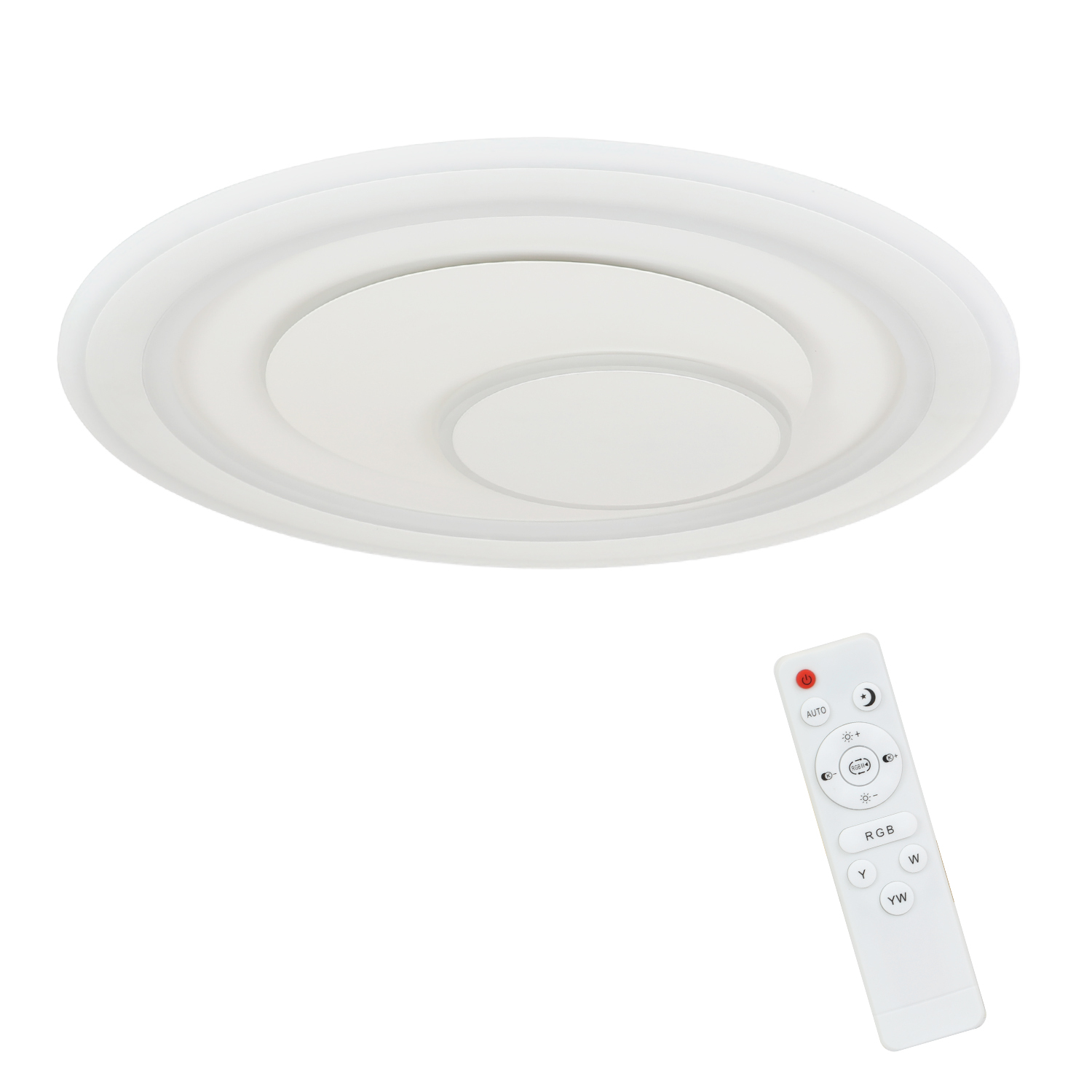 Biała lampa sufitowa z pilotem. Lampa ma okrągły kształt.