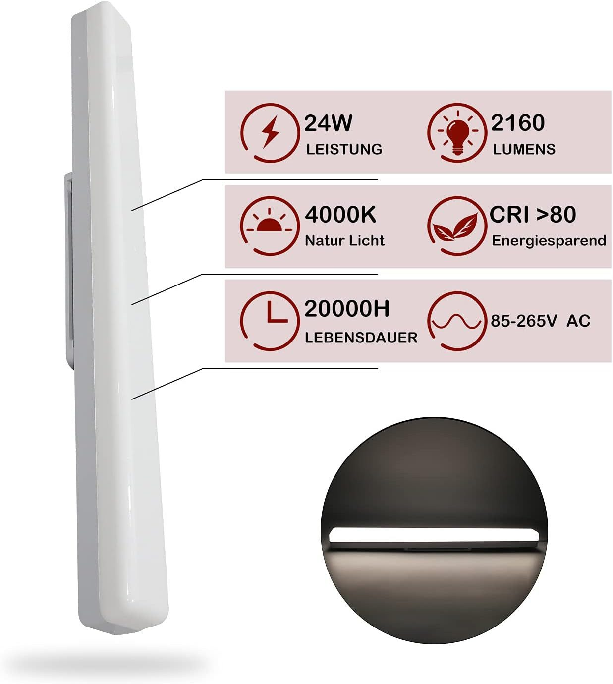 Biała oprawa LED ze specyfikacjami: 24W, 2160 lumenów, 4000K i żywotność 20000H.
