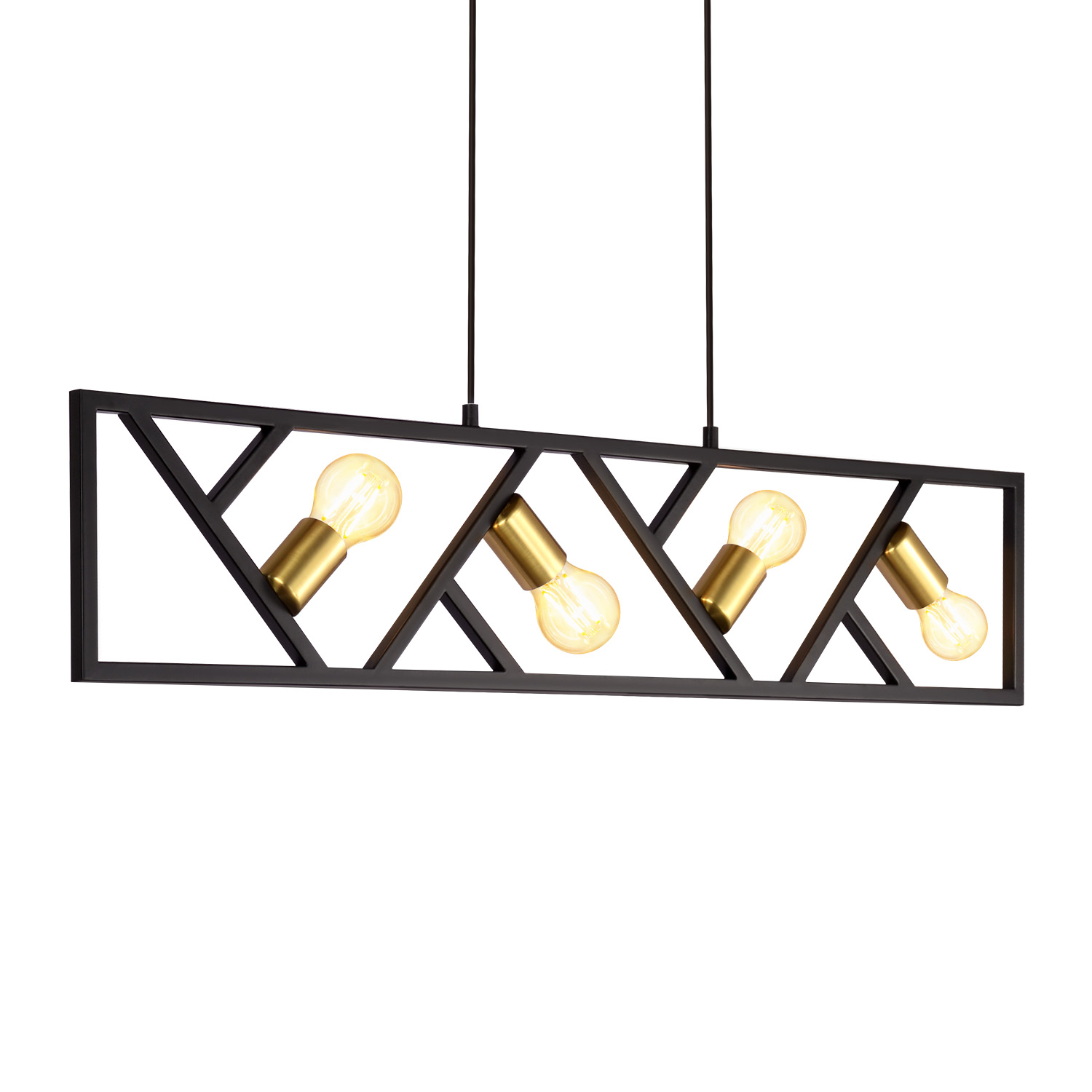 Prostokątna czarna lampa z czterema złotymi żarówkami i czarną ramą.