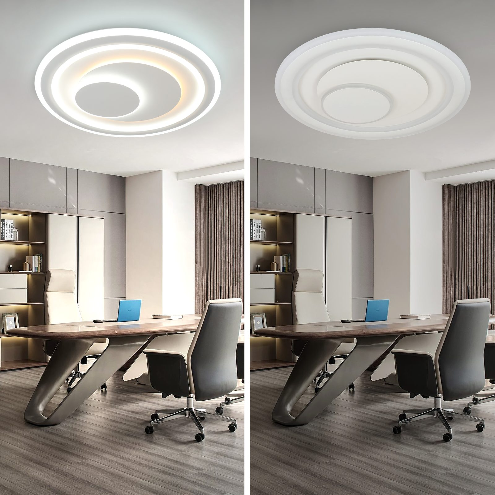 Dwa obrazy: nowoczesne biuro z oświetleniem sufitowym. Jedno zapalone, drugie zgaszone. Biuro ma biurka, krzesła i białe ściany.