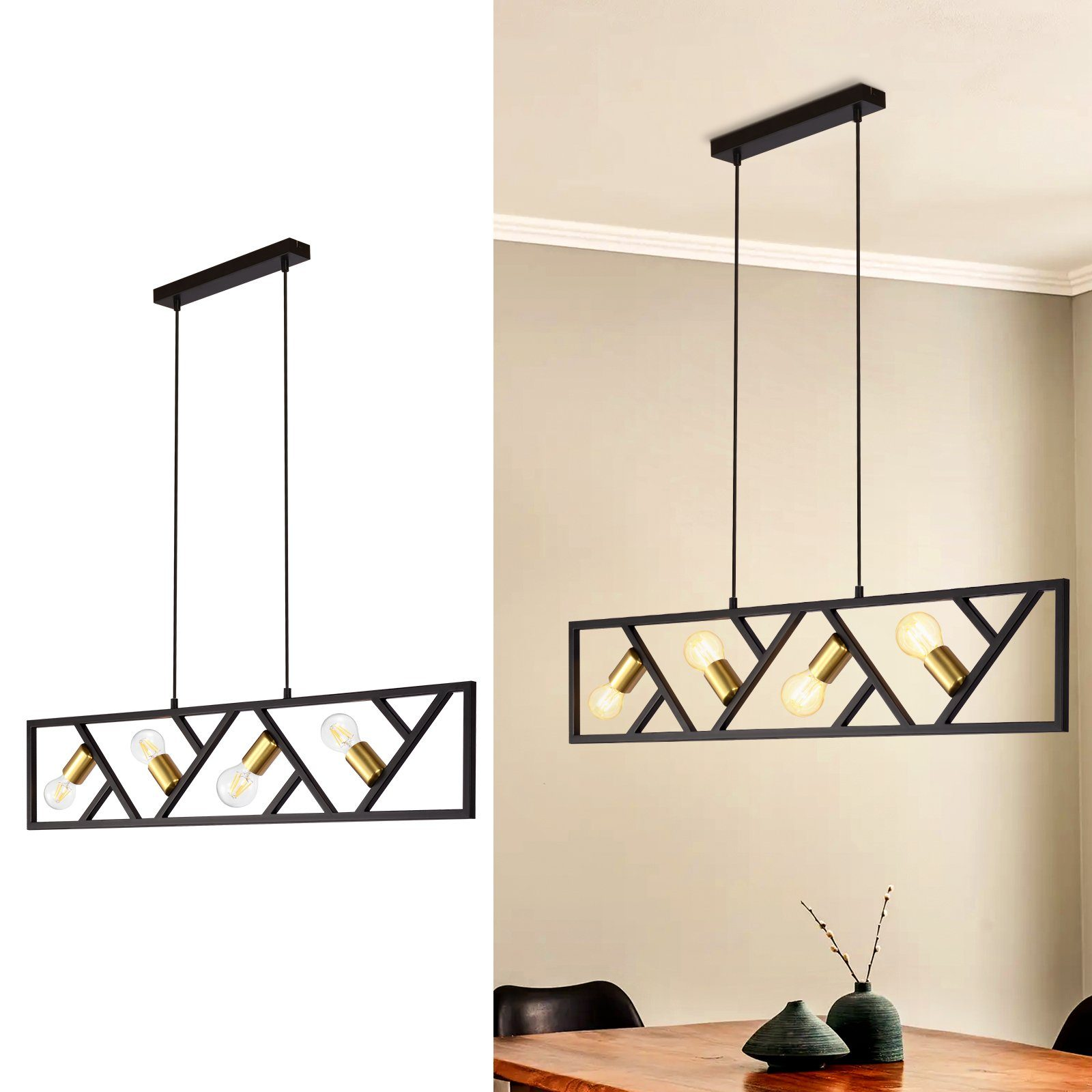 Czarna prostokątna lampa wisząca z pięcioma żarówkami. Tło przedstawia pokój z beżowymi ścianami i białym sufitem.