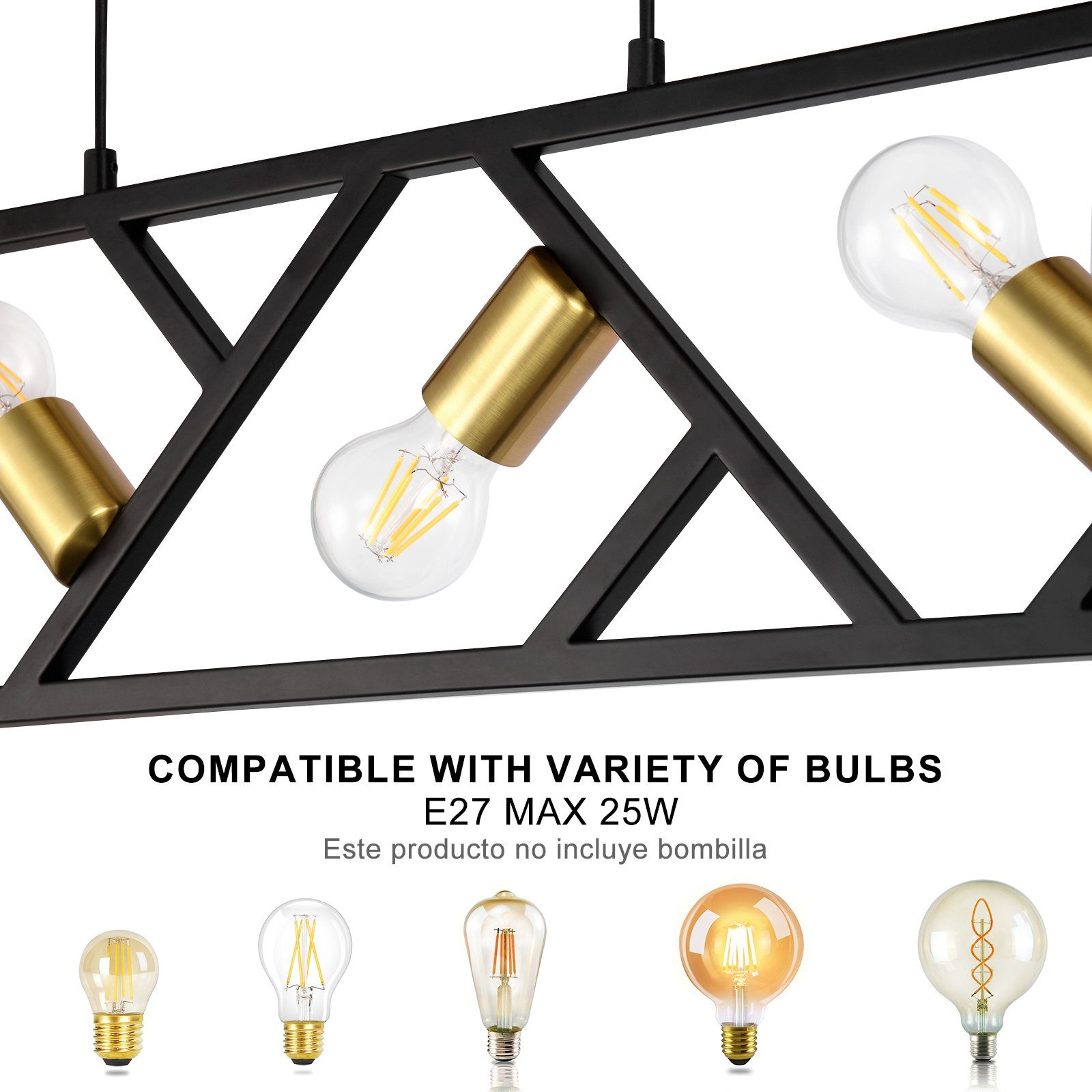 Czarna metalowa lampa z złotymi uchwytami żarówek i widocznymi żarówkami. Tekst: 'Kompatybilny z różnymi żarówkami'.