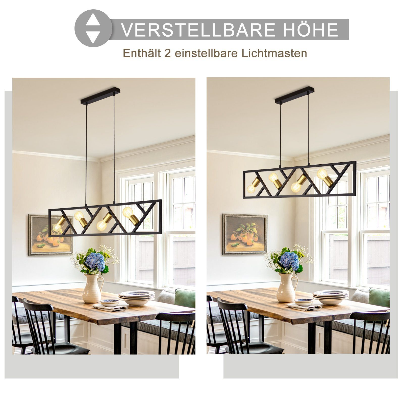 Dwa obrazy lamp wiszących o regulowanej wysokości. Czarne ramy, drewniany stół, niebieskie kwiaty. Ciemne drewniane krzesła.