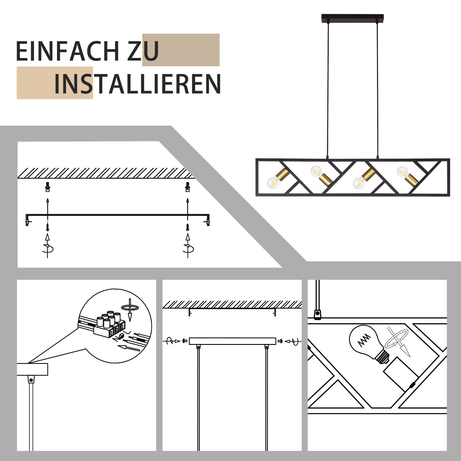 Schemat instalacji żyrandola. Instrukcje ze strzałkami i ilustracją żarówki.