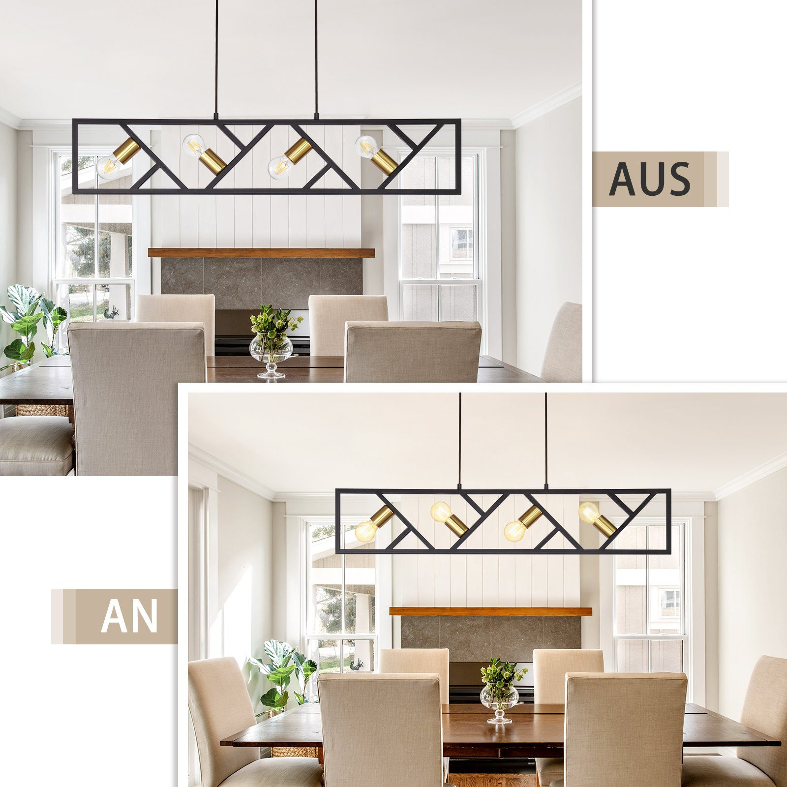 Sceny w jadalniach z czarnymi oprawami oświetleniowymi. Obrazek pokazuje etykiety AUS i AN.