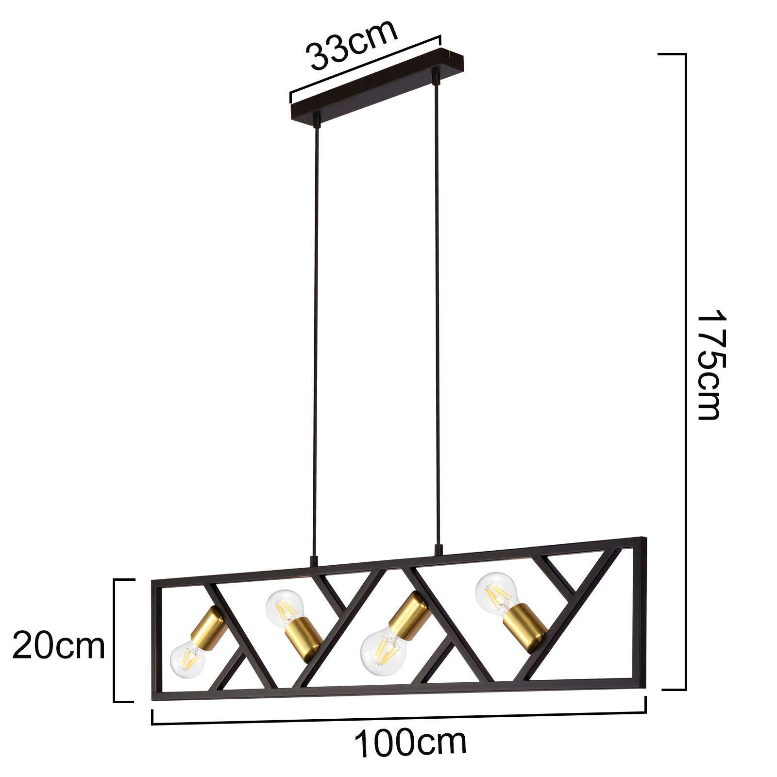 Prostokątny żyrandol z czterema lampami jest zawieszony z wymiarami: 175 cm wysokości, 100 cm długości, 20 cm szerokości.