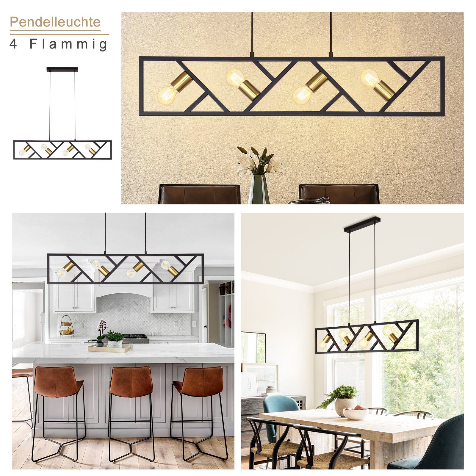 Czterolampowa prostokątna lampa wisząca w kolorze czarnym i złotym, z przykładami aranżacji pomieszczeń.