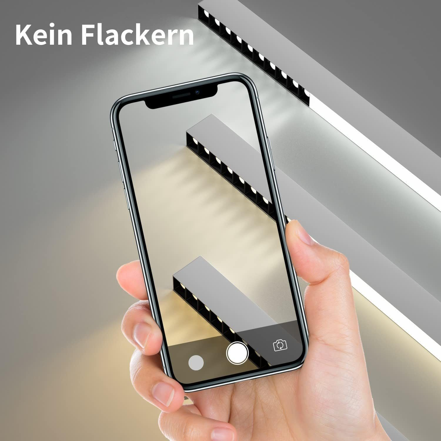 Ręka trzyma telefon, pokazując oprawę oświetleniową. Widoczny jest tekst 'Kein Flackern' (Bez migotania).